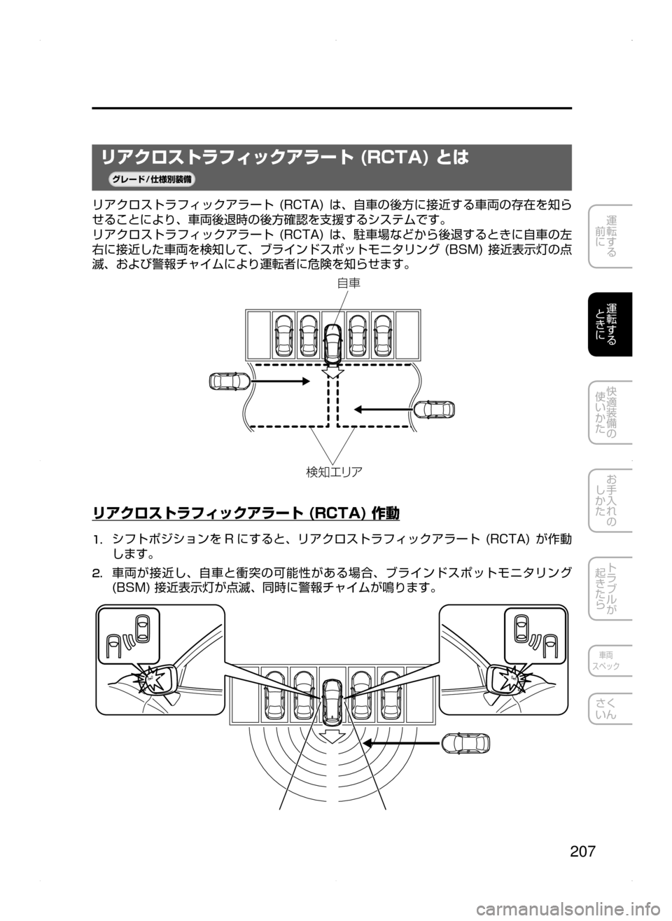 MAZDA MODEL AXELA HYBRID 2015  アクセラハイブリッド｜取扱説明書 (in Japanese)  207
運転する
﻿﻿
前に
運転する
﻿﻿
ときに
快適装備の
使いかた
お手入れの
しかた
トラブルが
起きたら
車両
スペック
さく
いん
リアクロストラ