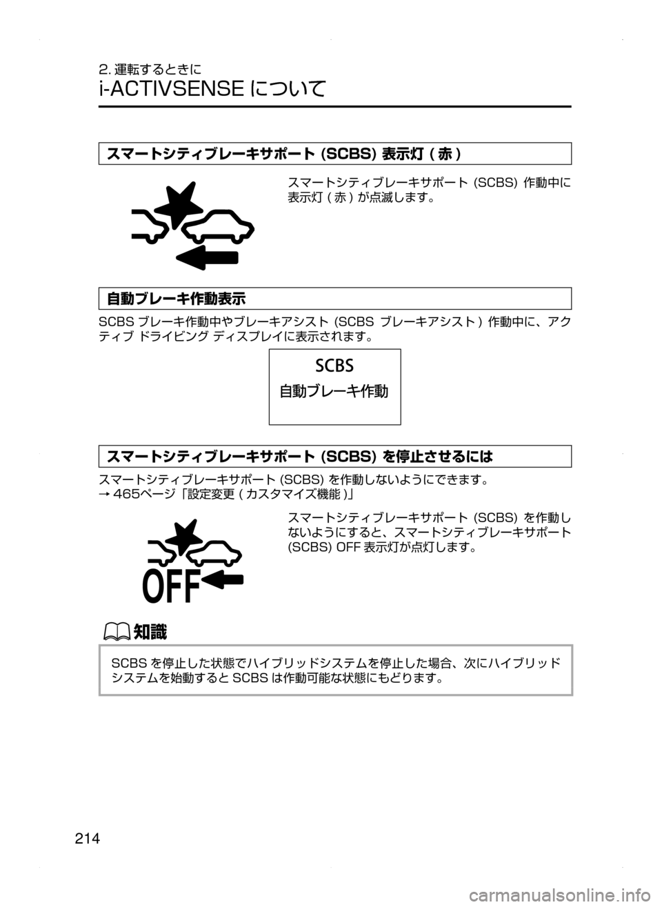 MAZDA MODEL AXELA HYBRID 2015  アクセラハイブリッド｜取扱説明書 (in Japanese)  214
2. 運転するときに
i-ACTIVSENSE について
スマートシティブレーキサポート (SCBS) 表示灯 ( 赤 )
スマートシティブレーキサポート﻿﻿(SCBS)﻿﻿作