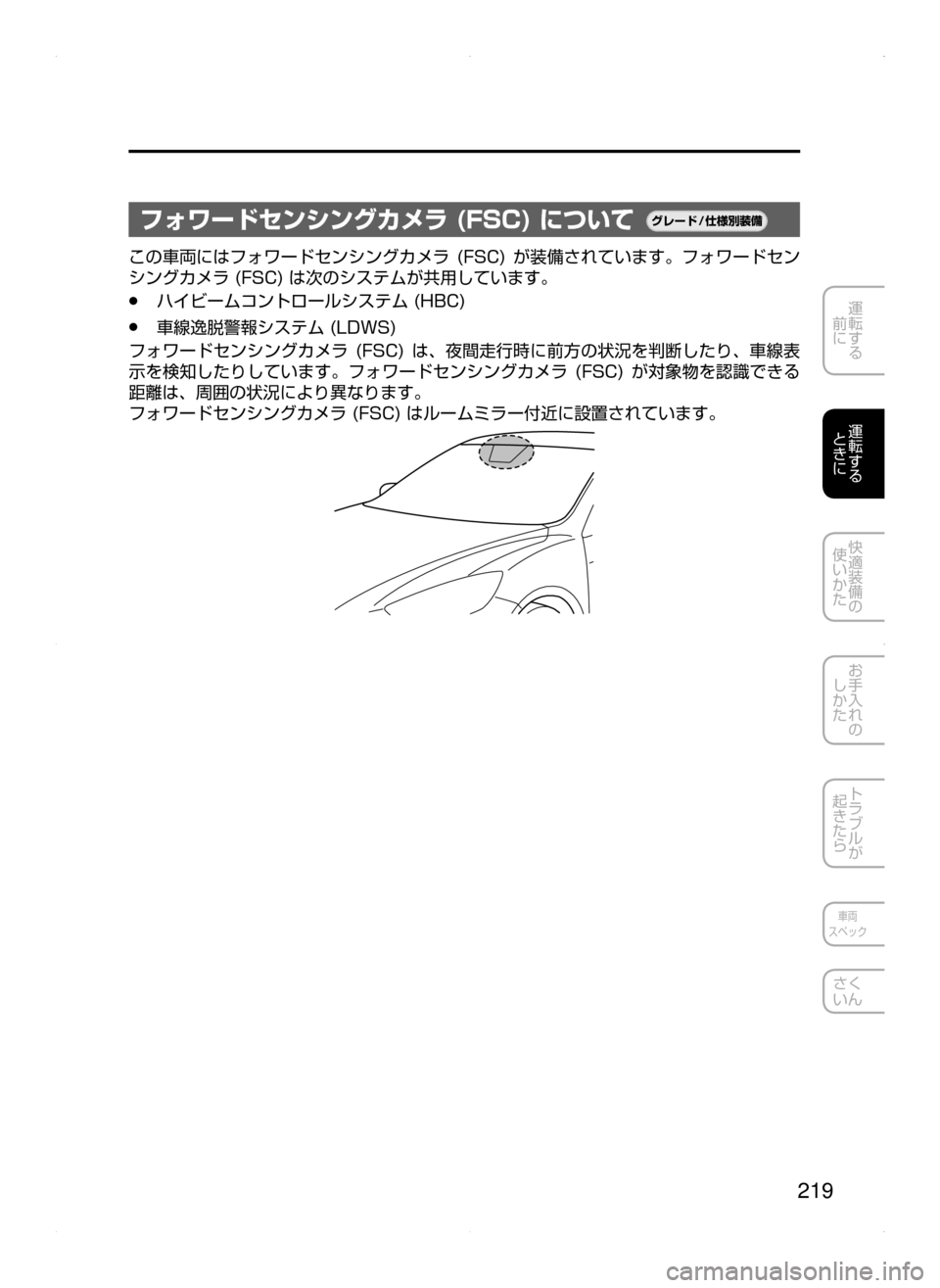 MAZDA MODEL AXELA HYBRID 2015  アクセラハイブリッド｜取扱説明書 (in Japanese)  219
運転する
﻿﻿
前に
運転する
﻿﻿
ときに
快適装備の
使いかた
お手入れの
しかた
トラブルが
起きたら
車両
スペック
さく
いん
フォワードセン