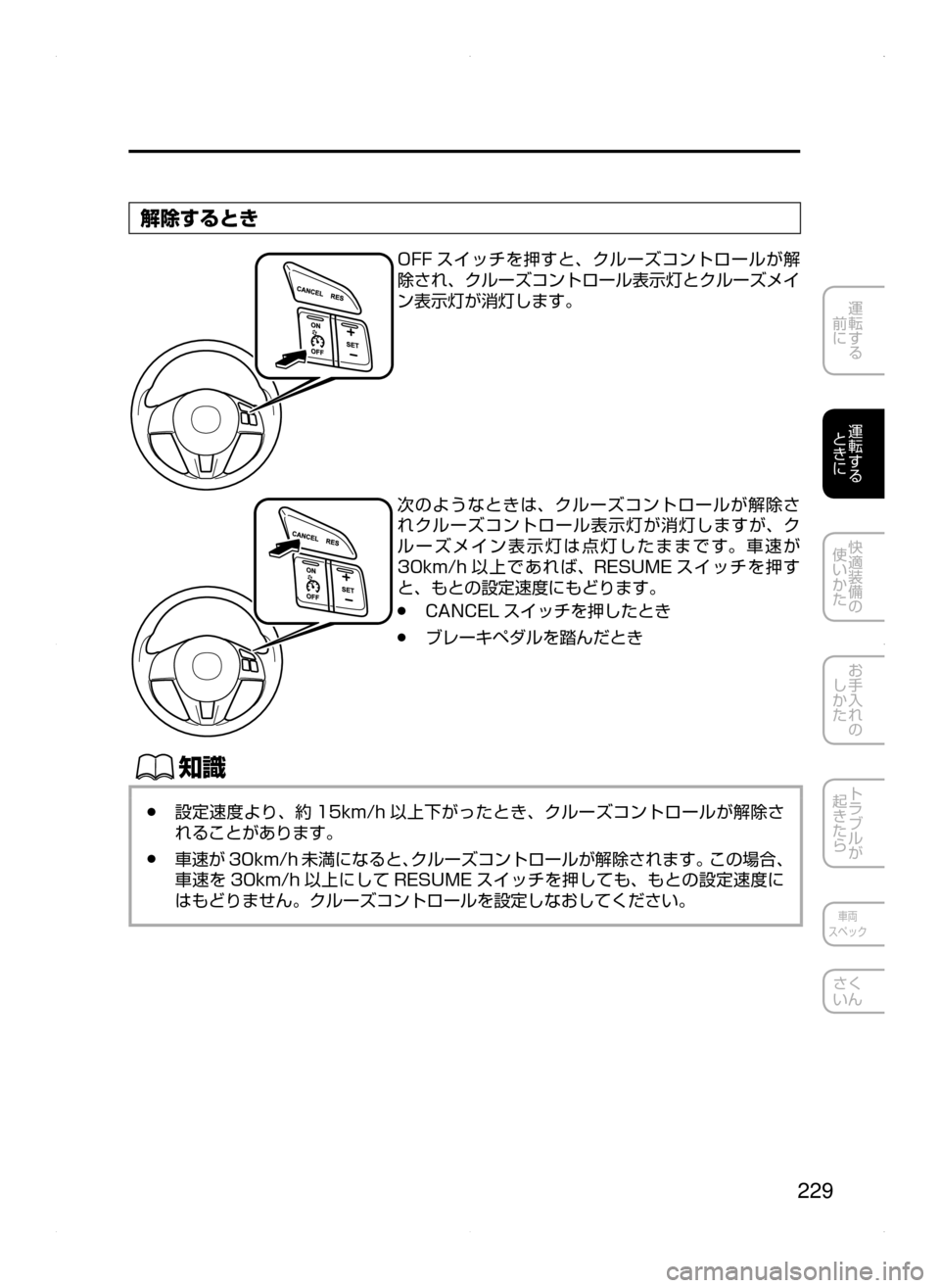 MAZDA MODEL AXELA HYBRID 2015  アクセラハイブリッド｜取扱説明書 (in Japanese)  229
運転する
﻿﻿
前に
運転する
﻿﻿
ときに
快適装備の
使いかた
お手入れの
しかた
トラブルが
起きたら
車両
スペック
さく
いん
解除するとき
OF