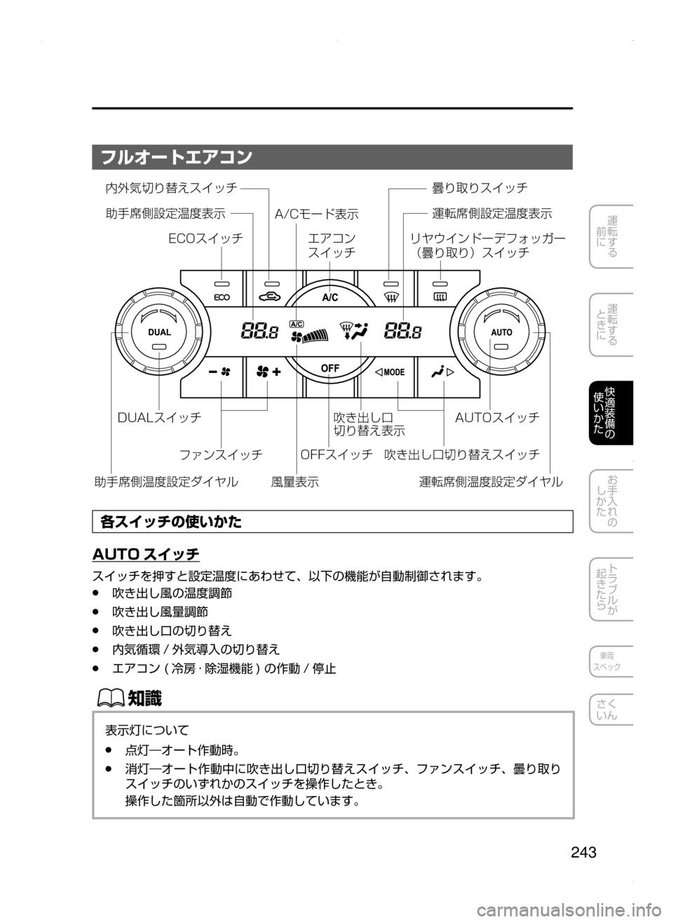 MAZDA MODEL AXELA HYBRID 2015  アクセラハイブリッド｜取扱説明書 (in Japanese)  243
運転する
﻿﻿
前に
運転する
﻿﻿
ときに
快適装備の
使いかた
お手入れの
しかた
トラブルが
起きたら
車両
スペック
さく
いん
フルオートエア