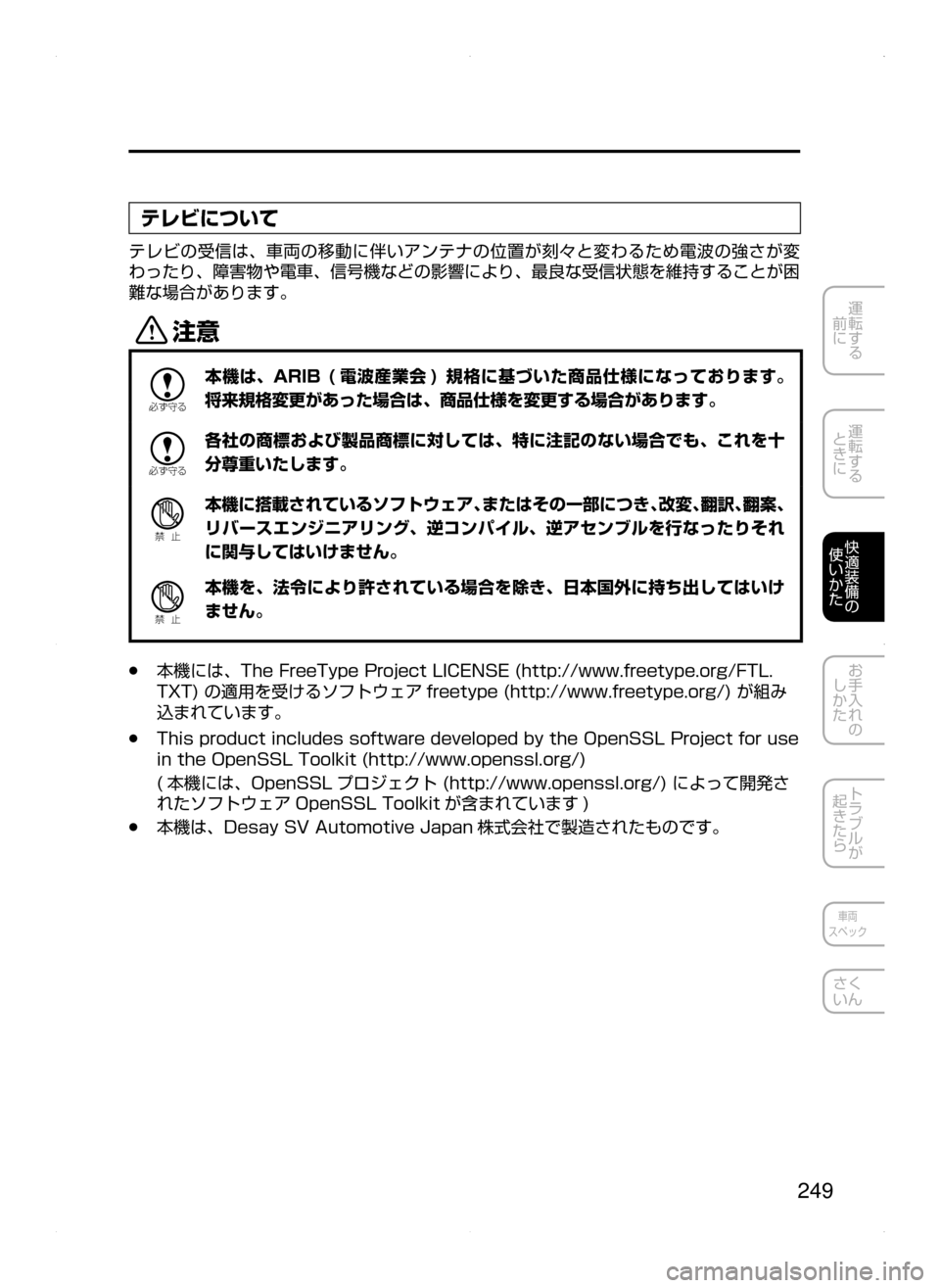 MAZDA MODEL AXELA HYBRID 2015  アクセラハイブリッド｜取扱説明書 (in Japanese)  249
運転する
﻿﻿
前に
運転する
﻿﻿
ときに
快適装備の
使いかた
お手入れの
しかた
トラブルが
起きたら
車両
スペック
さく
いん
テレビについて