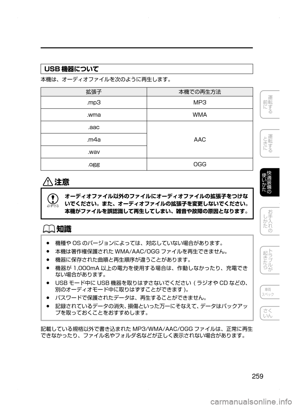 MAZDA MODEL AXELA HYBRID 2015  アクセラハイブリッド｜取扱説明書 (in Japanese)  259
運転する
﻿﻿
前に
運転する
﻿﻿
ときに
快適装備の
使いかた
お手入れの
しかた
トラブルが
起きたら
車両
スペック
さく
いん
USB 機器につい�