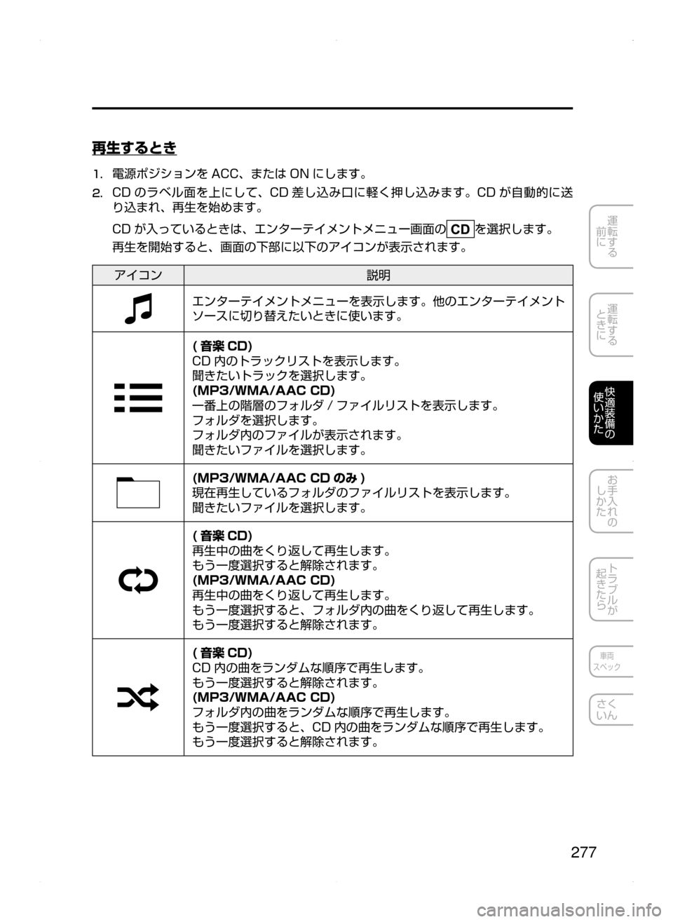 MAZDA MODEL AXELA HYBRID 2015  アクセラハイブリッド｜取扱説明書 (in Japanese)  277
運転する
﻿﻿
前に
運転する
﻿﻿
ときに
快適装備の
使いかた
お手入れの
しかた
トラブルが
起きたら
車両
スペック
さく
いん
再生するとき
1.