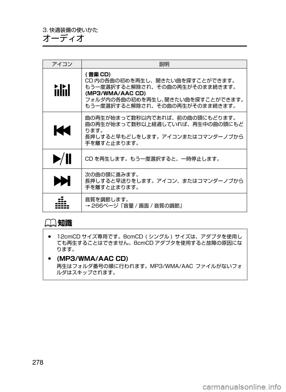 MAZDA MODEL AXELA HYBRID 2015  アクセラハイブリッド｜取扱説明書 (in Japanese)  278
3. 快適装備の使いかた
オーディオ
アイコン説明
( 音楽 CD)
CD 内の各曲の初めを再生し､ 聞きたい曲を探すことができます。
もう一度選択すると