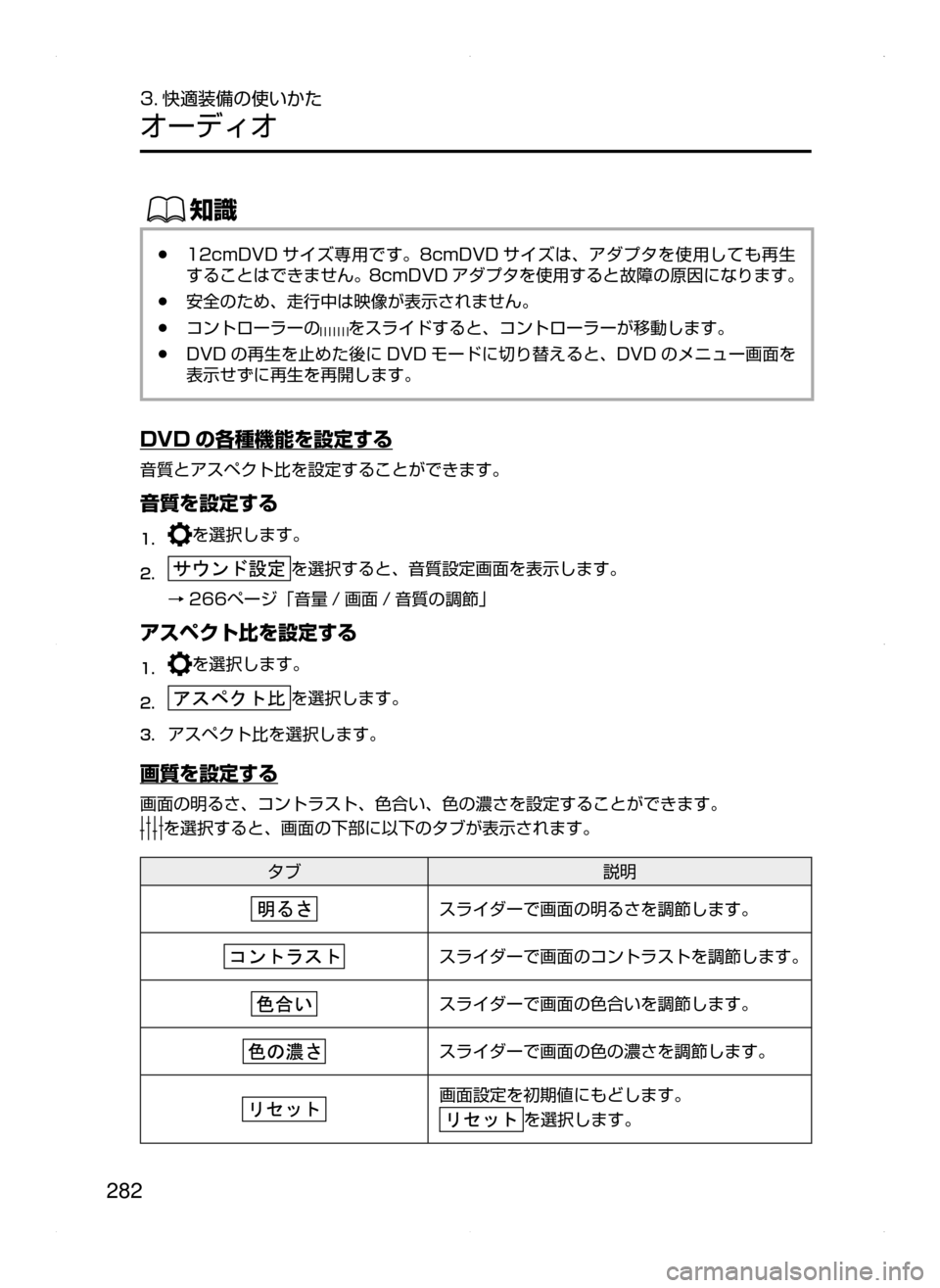 MAZDA MODEL AXELA HYBRID 2015  アクセラハイブリッド｜取扱説明書 (in Japanese)  282
3. 快適装備の使いかた
オーディオ
ŒÝ
﻿﻿●12cmDVD サイズ専用です。8cmDVD サイズは､ アダプタを使用しても再生
することはできません。8cmDVD 