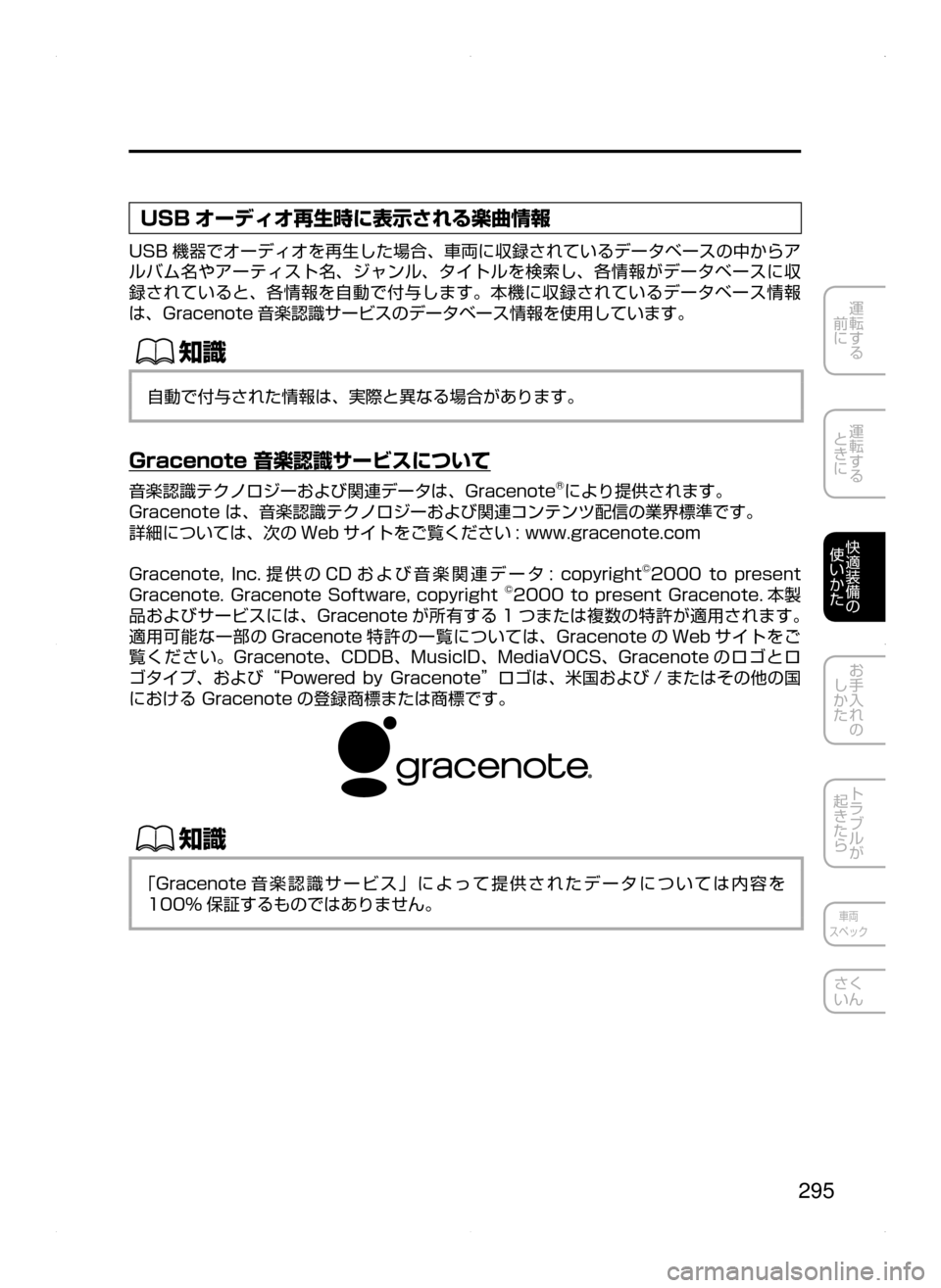 MAZDA MODEL AXELA HYBRID 2015  アクセラハイブリッド｜取扱説明書 (in Japanese)  295
運転する
﻿﻿
前に
運転する
﻿﻿
ときに
快適装備の
使いかた
お手入れの
しかた
トラブルが
起きたら
車両
スペック
さく
いん
USB オーディオ