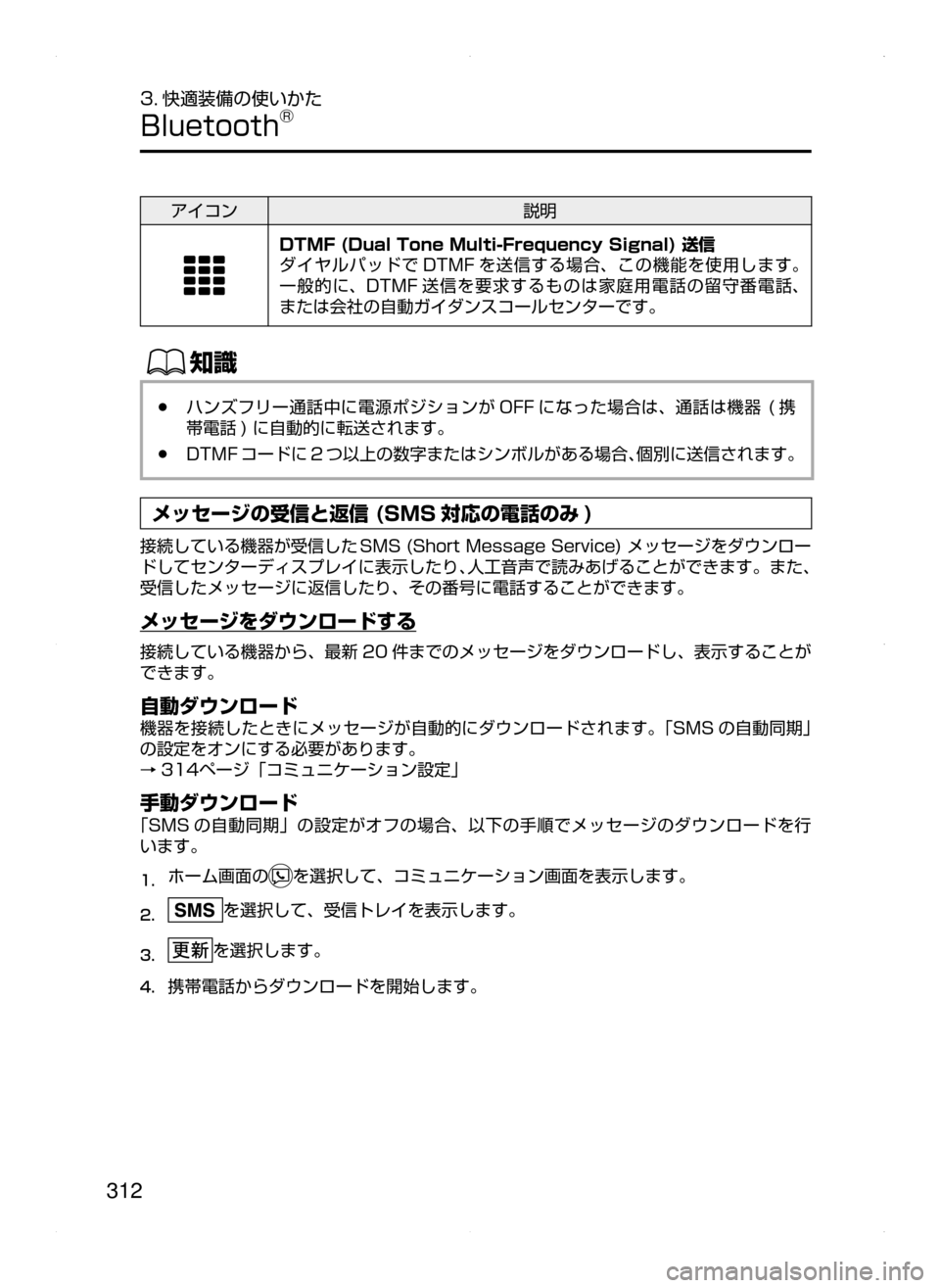 MAZDA MODEL AXELA HYBRID 2015  アクセラハイブリッド｜取扱説明書 (in Japanese)  312
3. 快適装備の使いかた
Bluetooth®
アイコン説明
DTMF (Dual Tone Multi-Frequency Signal) 送信
ダイヤルパッドで DTMF を送信する場合､ この機能を使用