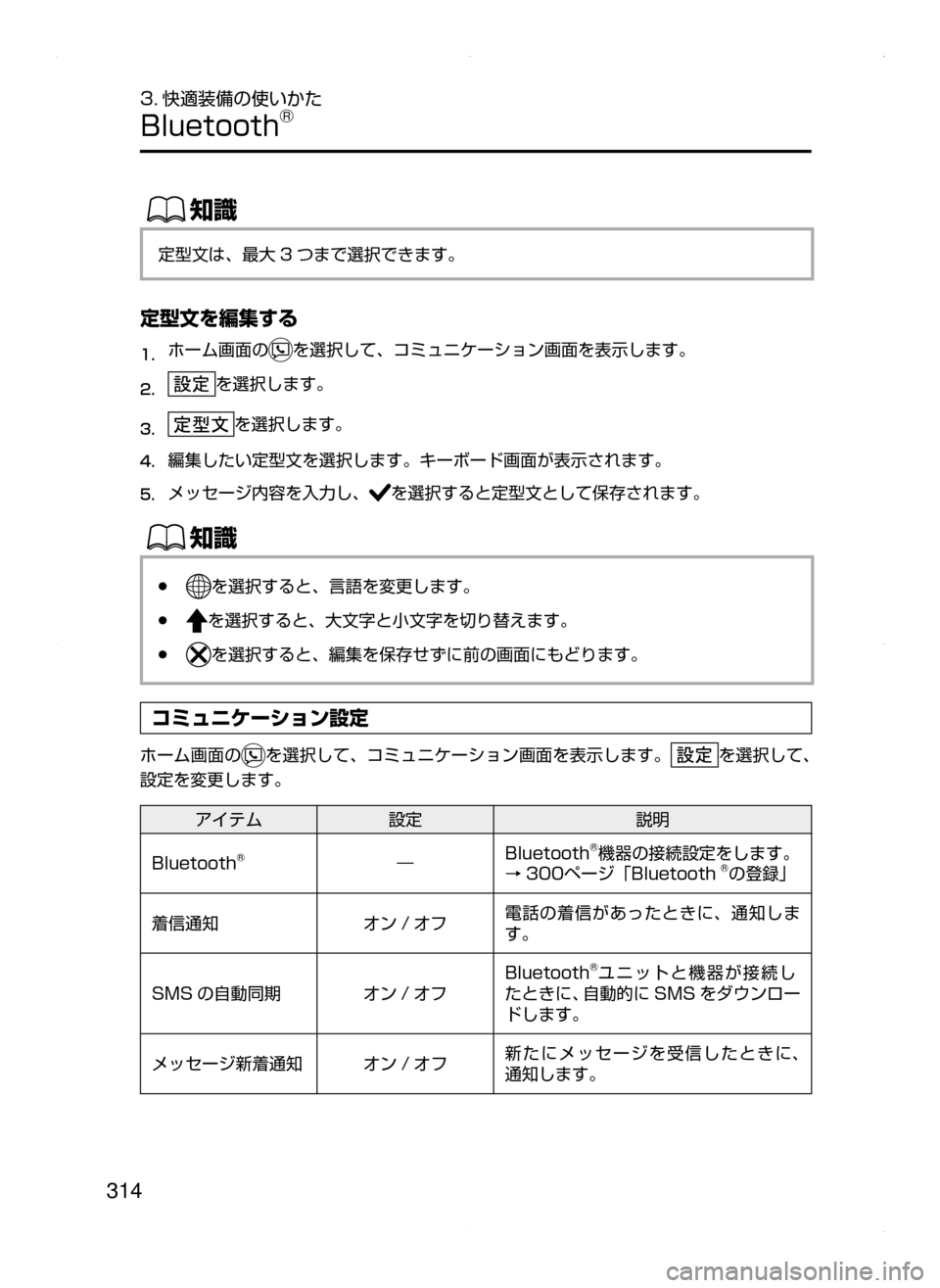MAZDA MODEL AXELA HYBRID 2015  アクセラハイブリッド｜取扱説明書 (in Japanese)  314
3. 快適装備の使いかた
Bluetooth®
ŒÝ
定型文は､ 最大 3 つまで選択できます。
定型文を編集する
1.	ホーム画面のを選択して､ コミュニケーショ