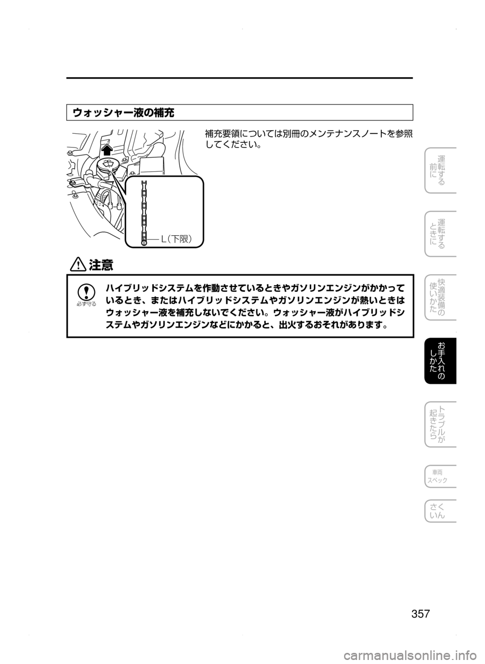 MAZDA MODEL AXELA HYBRID 2015  アクセラハイブリッド｜取扱説明書 (in Japanese)  357
運転する
﻿﻿
前に
運転する
﻿﻿
ときに
快適装備の
使いかた
お手入れの
しかた
トラブルが
起きたら
車両
スペック
さく
いん
ウォッシャー液