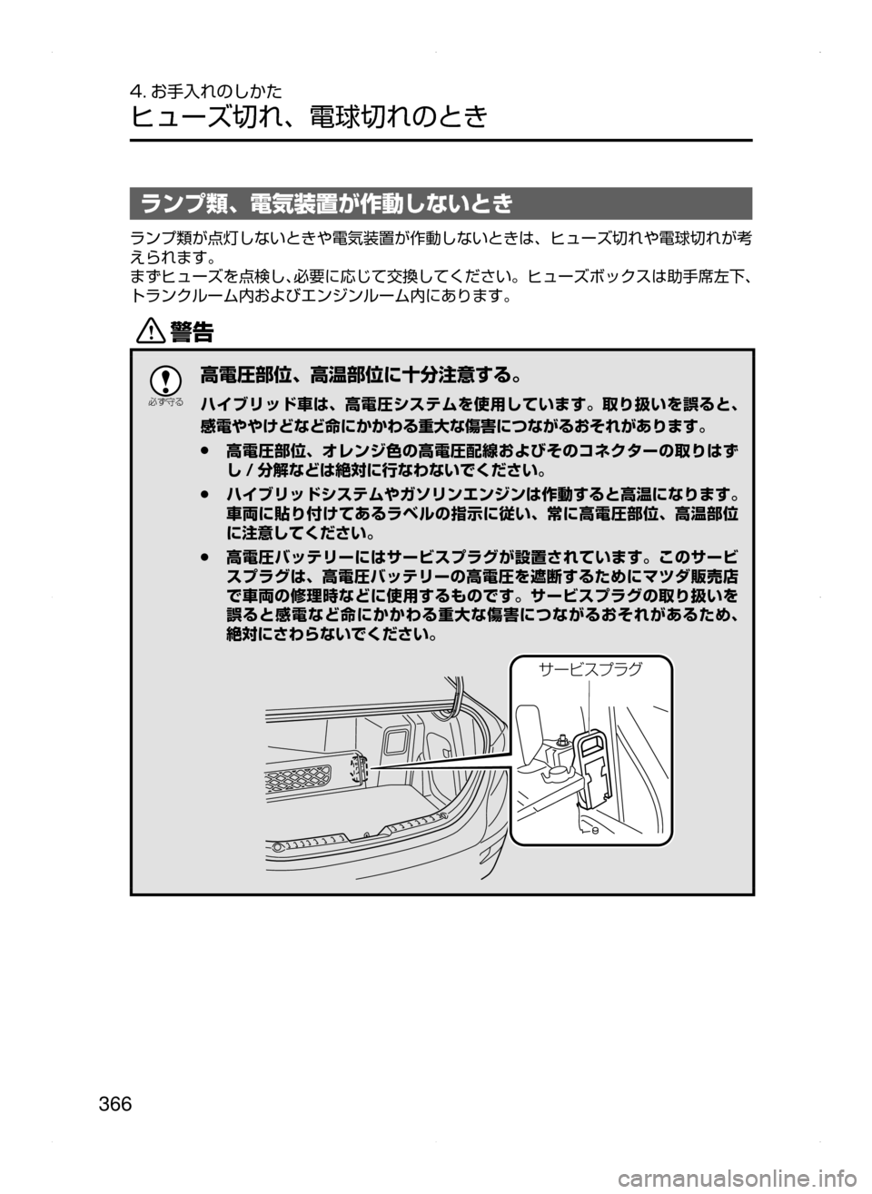 MAZDA MODEL AXELA HYBRID 2015  アクセラハイブリッド｜取扱説明書 (in Japanese)  366
4. お手入れのしかた
ヒューズ切れ､ 電球切れのとき
ランプ類､ 電気装置が作動しないとき
ランプ類が点灯しないときや電気装置が作動しない