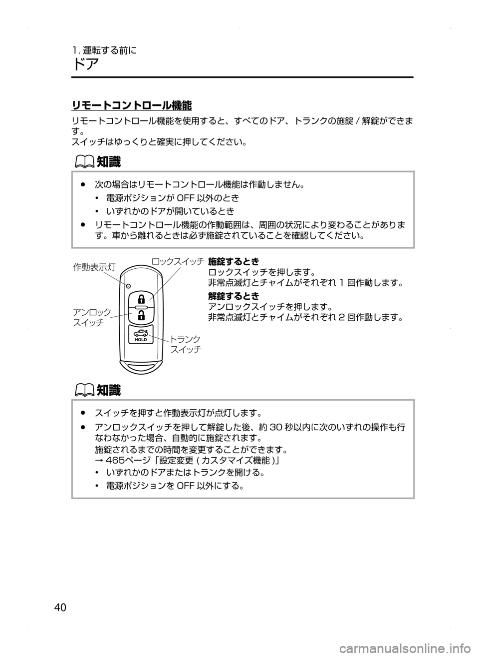 MAZDA MODEL AXELA HYBRID 2015  アクセラハイブリッド｜取扱説明書 (in Japanese)  40
1. 運転する前に
ドア
リモートコントロール機能
リモートコントロール機能を使用すると､ すべてのドア､ トランクの施錠 / 解錠ができま
す。
