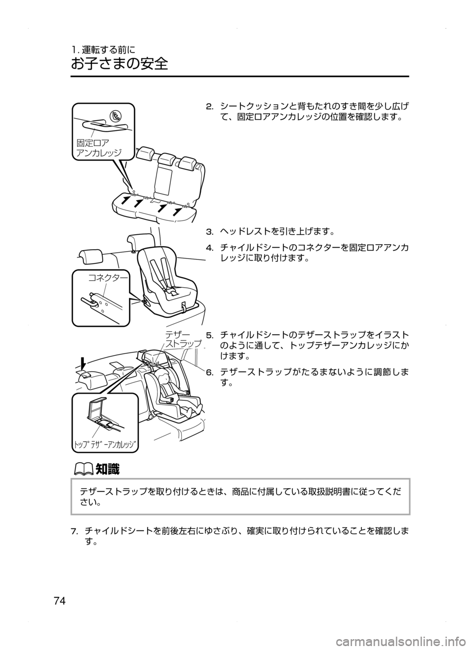 MAZDA MODEL AXELA HYBRID 2015  アクセラハイブリッド｜取扱説明書 (in Japanese)  74
1. 運転する前に
お子さまの安全
{éžyy
žï §è¿´
2.	シートクッションと背もたれのすき間を少し広げ
て､ 固定ロアアンカレッジの位置