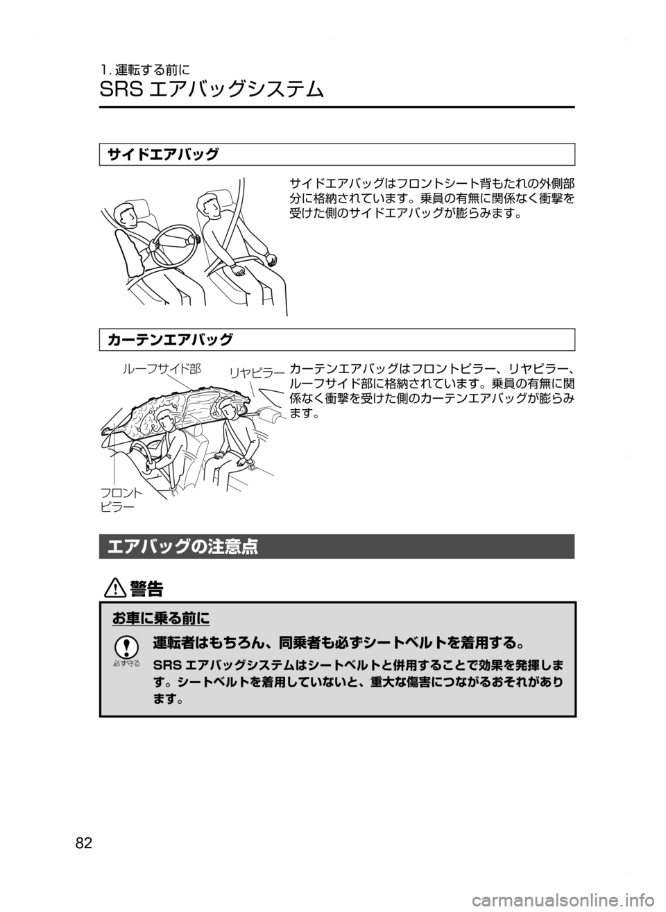 MAZDA MODEL AXELA HYBRID 2014  アクセラハイブリッド｜取扱説明書 (in Japanese) 82
1. 運転する前に
SRS エアバッグシステム
サイドエアバッグ
サイドエアバッグはフロントシート背もたれの外側部
分に格納されています。乗員の有