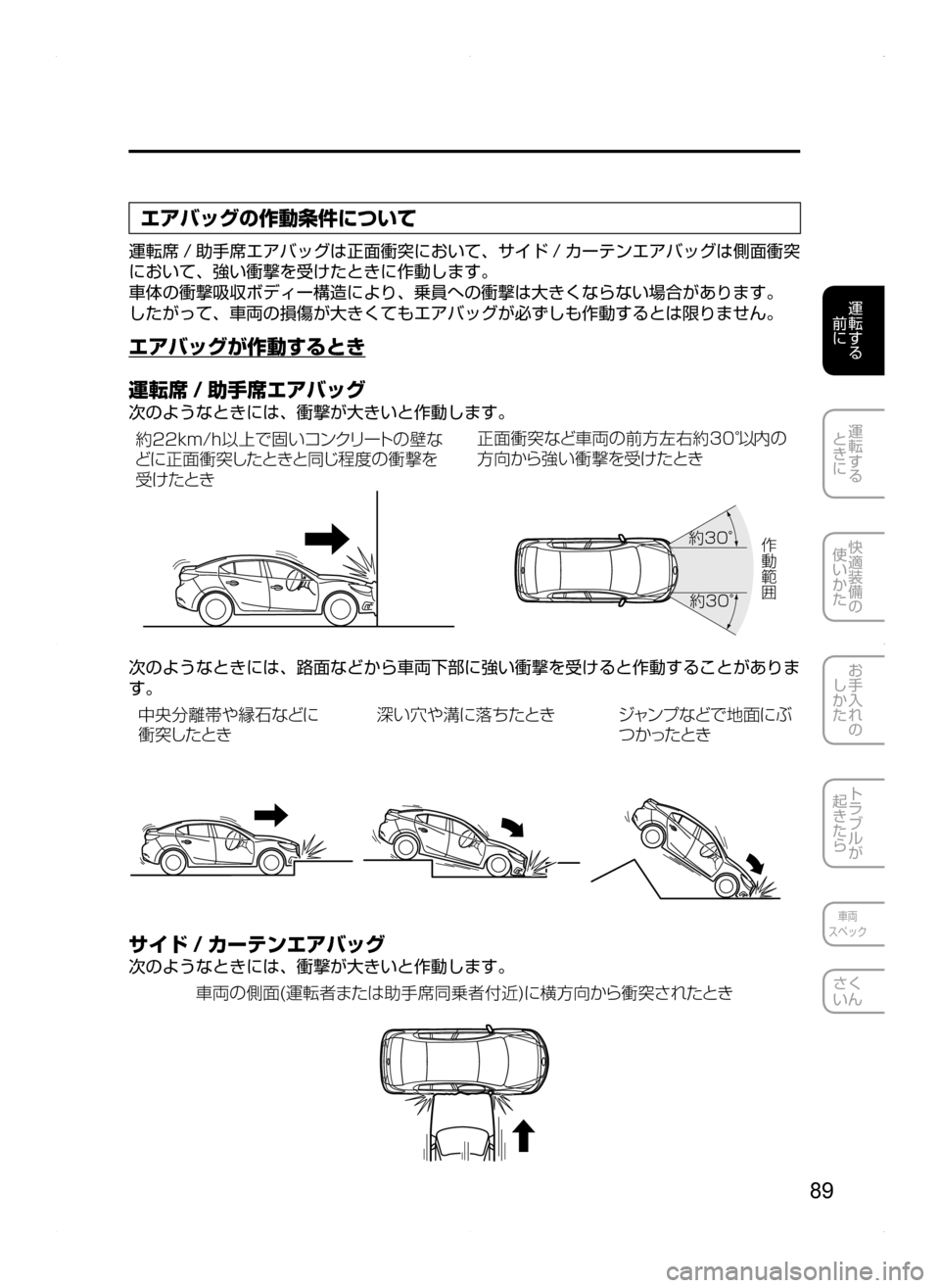 MAZDA MODEL AXELA HYBRID 2014  アクセラハイブリッド｜取扱説明書 (in Japanese) 89
運転する
.
前に
運転する
.
ときに
快適装備の
使いかた
お手入れの
しかた
トラブルが
起きたら
車両
スペック
さく
いん
エアバッグの作動条件