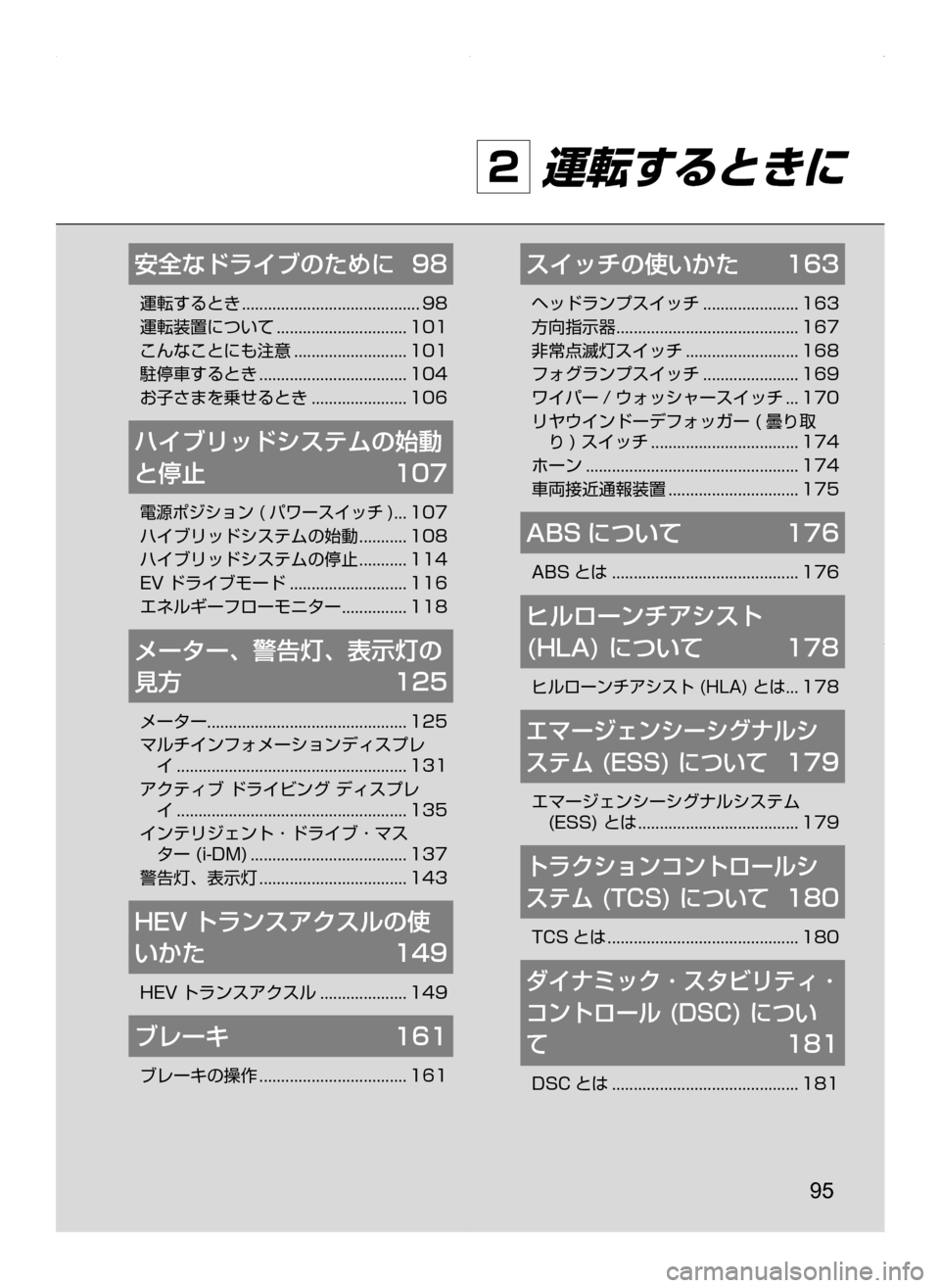 MAZDA MODEL AXELA HYBRID 2014  アクセラハイブリッド｜取扱説明書 (in Japanese) 95
2 運転するときに
安全なドライブのために	 98
運転するとき..........................................98
運転装置について...............................101
こんな