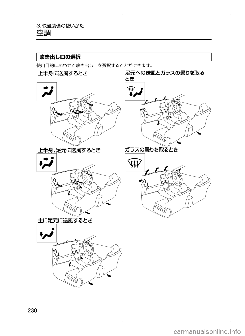 MAZDA MODEL AXELA HYBRID 2014  アクセラハイブリッド｜取扱説明書 (in Japanese) 230
3. 快適装備の使いかた
空調
吹き出し口の選択
使用目的にあわせて吹き出し口を選択することができます。
	Í
R
J
it
ù
éb”qV
	Í
R
 t
ù
éb