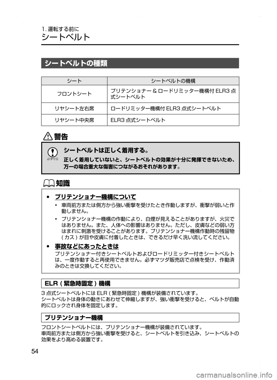 MAZDA MODEL AXELA HYBRID 2014  アクセラハイブリッド｜取扱説明書 (in Japanese) 54
1. 運転する前に
シートベルト
シートベルトの種類
シートシートベルトの機構
フロントシートプリテンショナー & ロードリミッター機構付 ELR3 点
