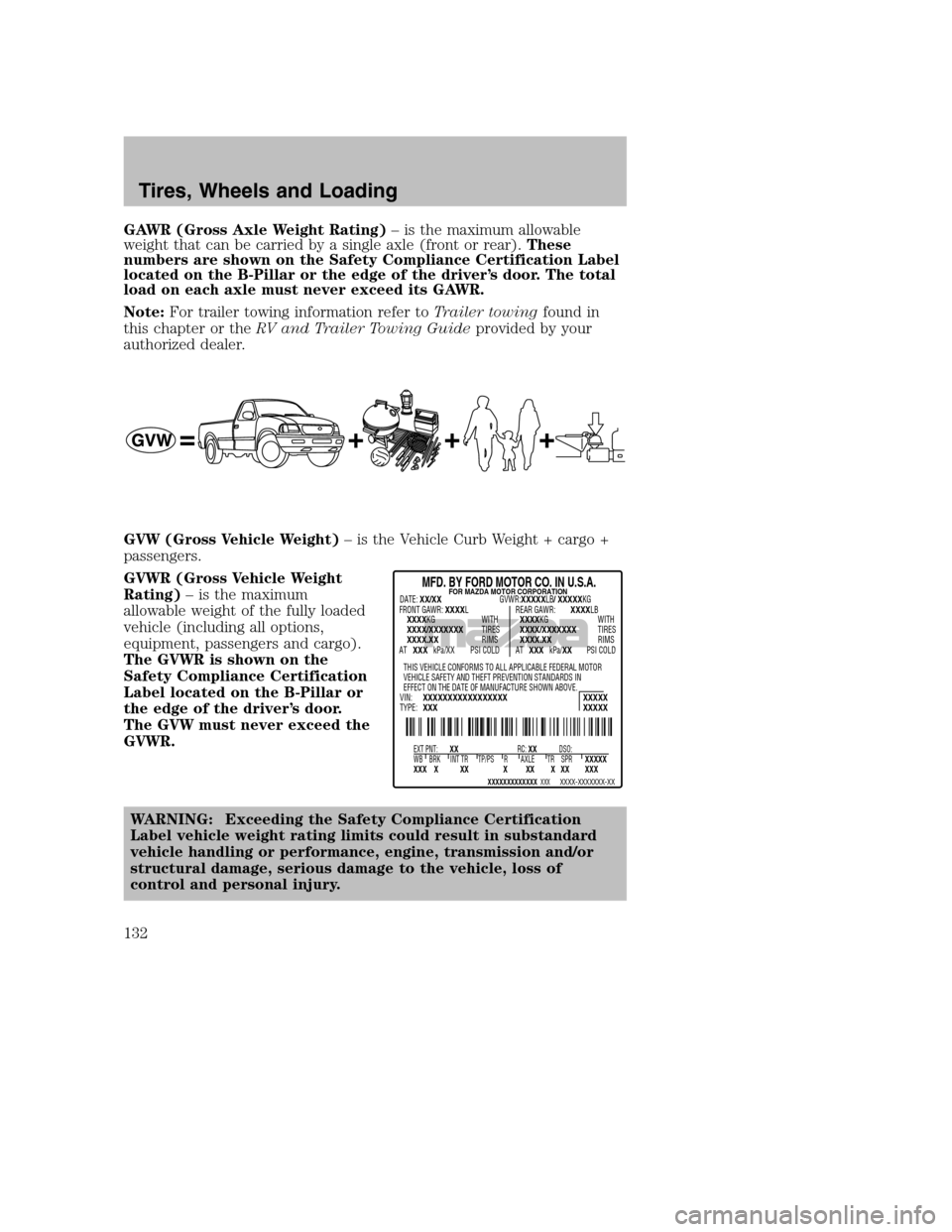 MAZDA MODEL B-SERIES 2008  Owners Manual (in English) GAWR (Gross Axle Weight Rating)– is the maximum allowable
weight that can be carried by a single axle (front or rear).These
numbers are shown on the Safety Compliance Certification Label
located on 