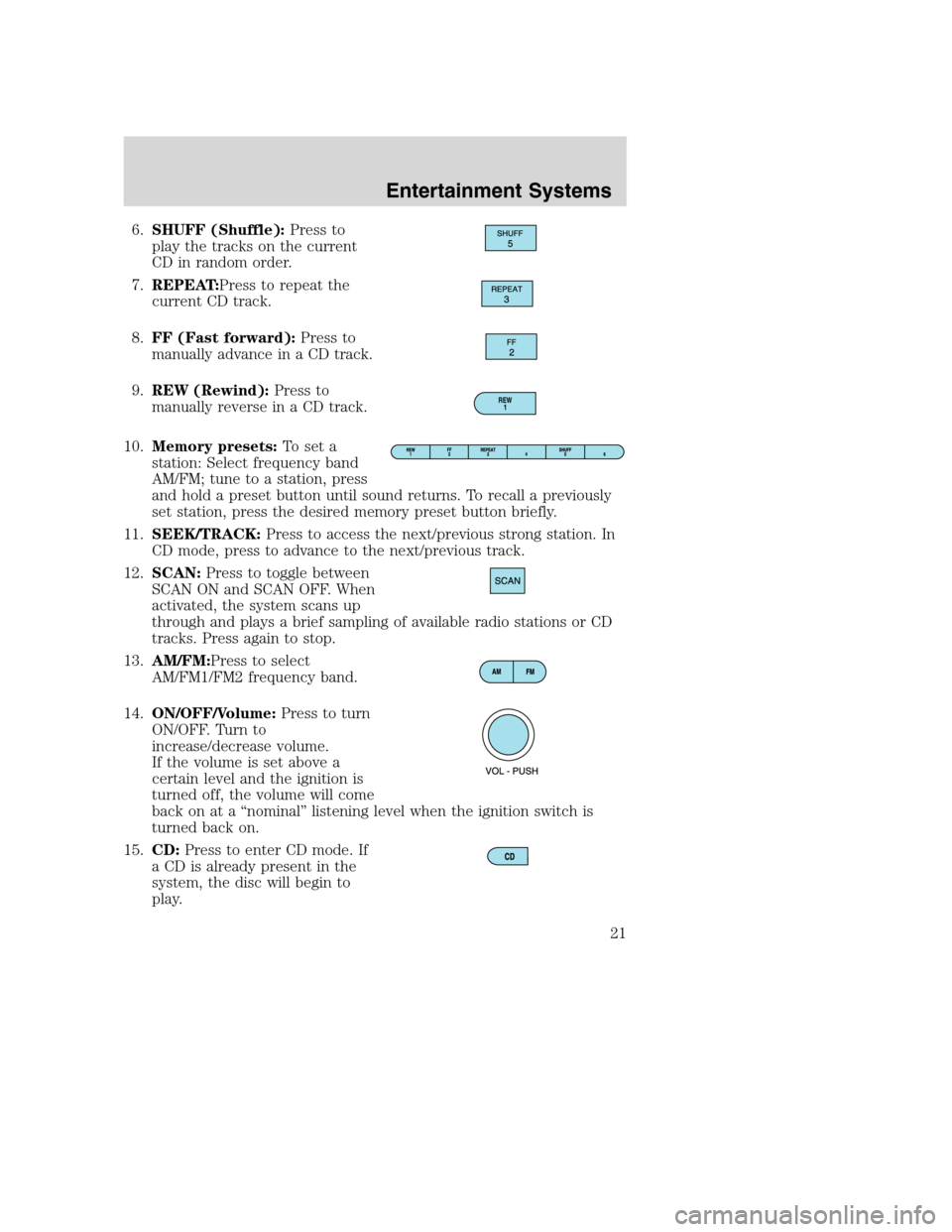 MAZDA MODEL B-SERIES 2005   (in English) Owners Manual 6.SHUFF (Shuffle):Press to
play the tracks on the current
CD in random order.
7.REPEAT:Press to repeat the
current CD track.
8.FF (Fast forward):Press to
manually advance in a CD track.
9.REW (Rewind)