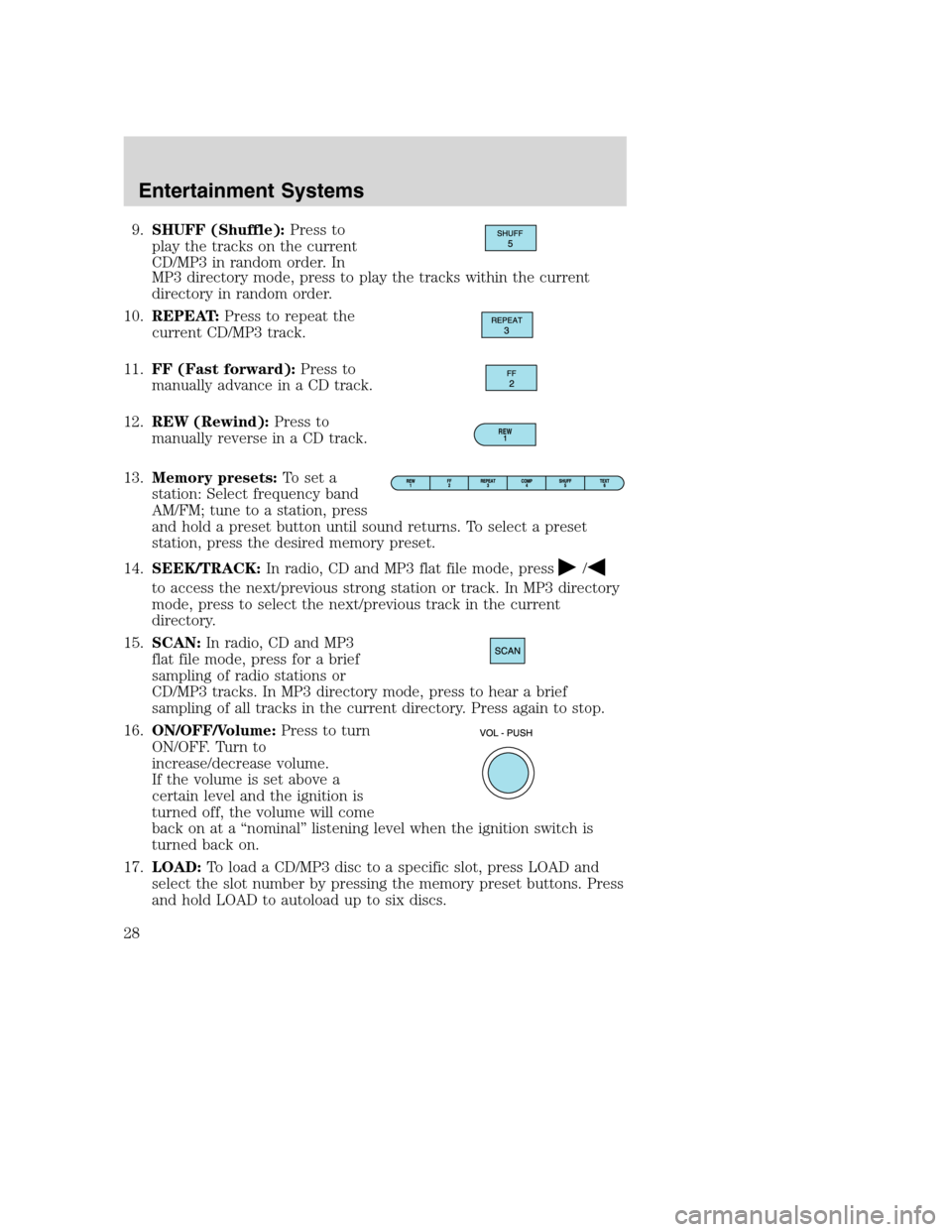 MAZDA MODEL B-SERIES 2005   (in English) Owners Manual 9.SHUFF (Shuffle):Press to
play the tracks on the current
CD/MP3 in random order. In
MP3 directory mode, press to play the tracks within the current
directory in random order.
10.REPEAT:Press to repea