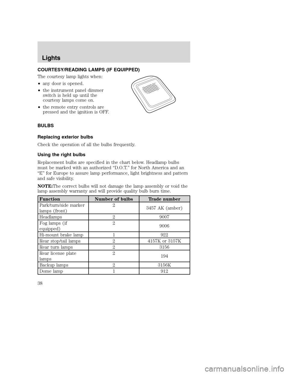 MAZDA MODEL B-SERIES 2005   (in English) Owners Guide COURTESY/READING LAMPS (IF EQUIPPED)
The courtesy lamp lights when:
•any door is opened.
•the instrument panel dimmer
switch is held up until the
courtesy lamps come on.
•the remote entry contro
