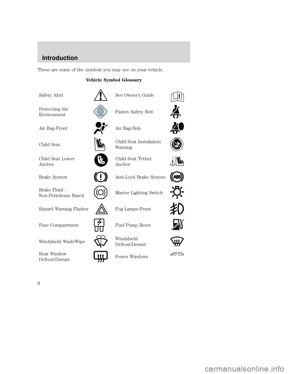 MAZDA MODEL B-SERIES 2005  Owners Manual (in English) These are some of the symbols you may see on your vehicle.
Vehicle Symbol Glossary
Safety Alert
See Owner’s Guide
Protecting the
EnvironmentFasten Safety Belt
Air Bag-FrontAir Bag-Side
Child SeatChi