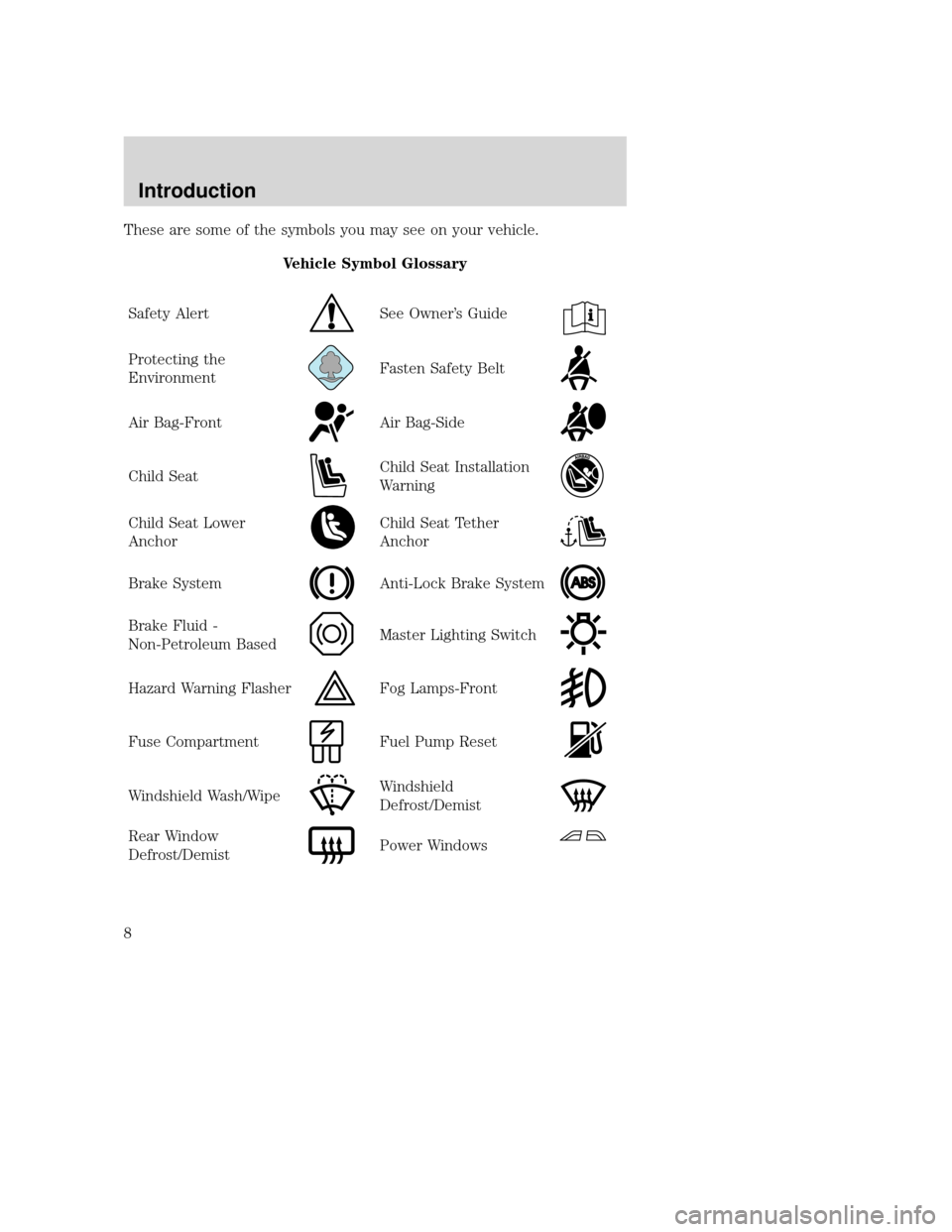 MAZDA MODEL B-SERIES 2004  Owners Manual (in English) These are some of the symbols you may see on your vehicle.Vehicle Symbol Glossary
Safety Alert
See Owner’ s Guide
Protecting the
EnvironmentFasten Safety Belt
Air Bag-FrontAir Bag-Side
Child SeatChi