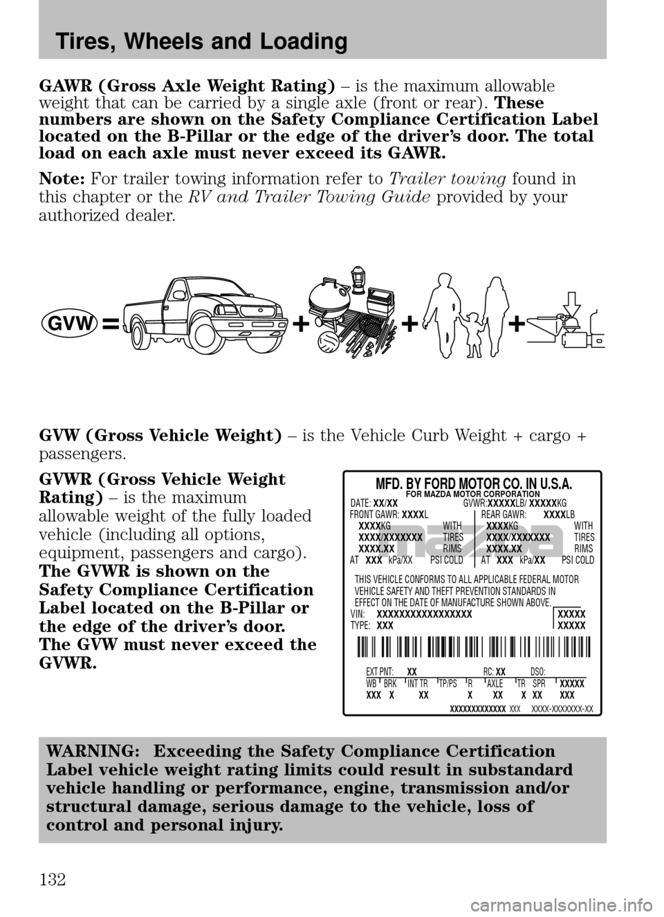 MAZDA MODEL B2300 TRUCK 2008 Owners Manual (in English) GAWR (Gross Axle Weight Rating)– is the maximum allowable
weight that can be carried by a single axle (front or rear). These
numbers are shown on the Safety Compliance Certification Label
located on MAZDA MODEL B2300 TRUCK 2008 Owners Manual (in English) GAWR (Gross Axle Weight Rating)– is the maximum allowable
weight that can be carried by a single axle (front or rear). These
numbers are shown on the Safety Compliance Certification Label
located on