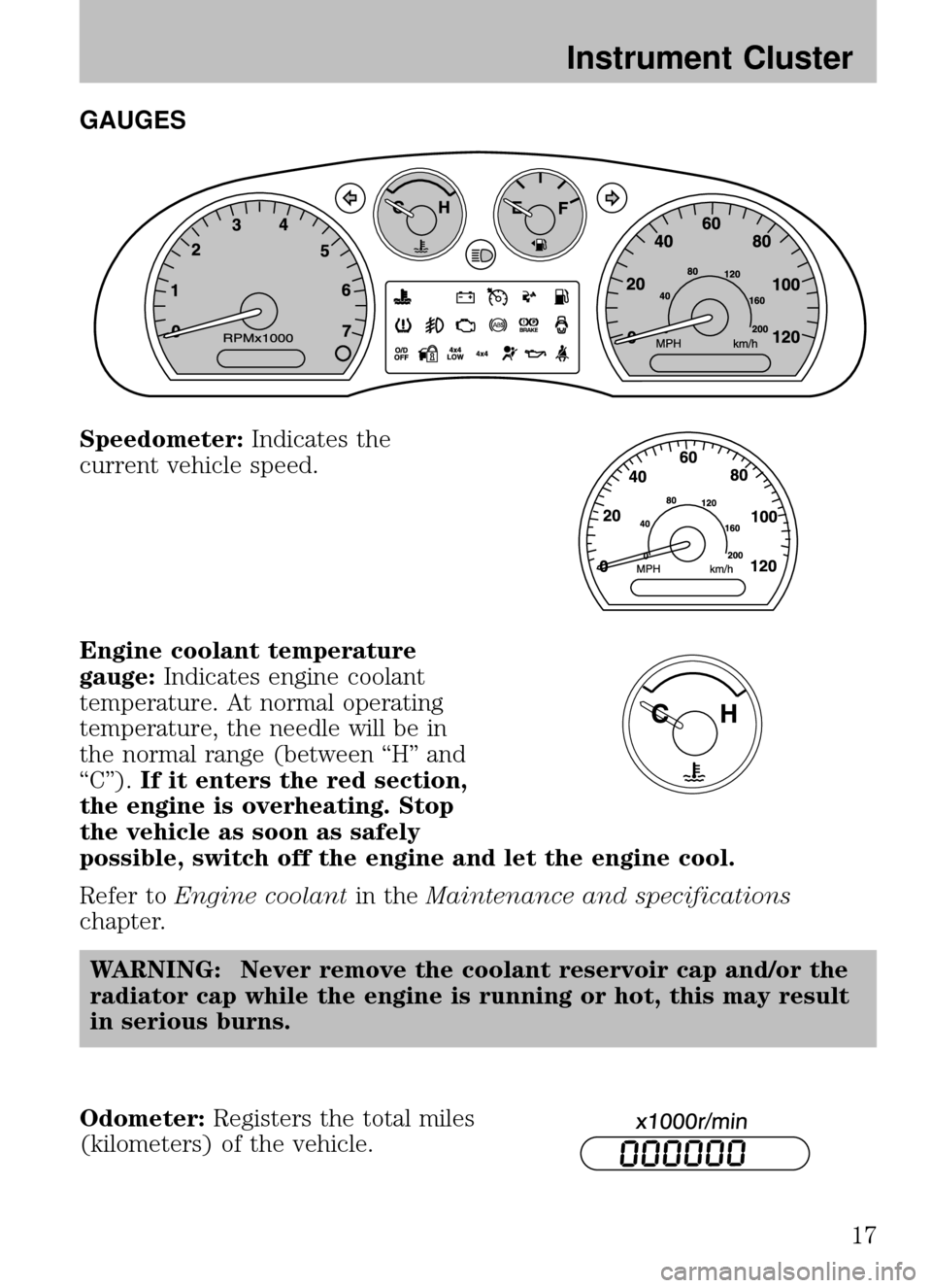 MAZDA MODEL B2300 TRUCK 2008   (in English) User Guide GAUGES
Speedometer:Indicates the
current vehicle speed.
Engine coolant temperature
gauge: Indicates engine coolant
temperature. At normal operating
temperature, the needle will be in
the normal range 
