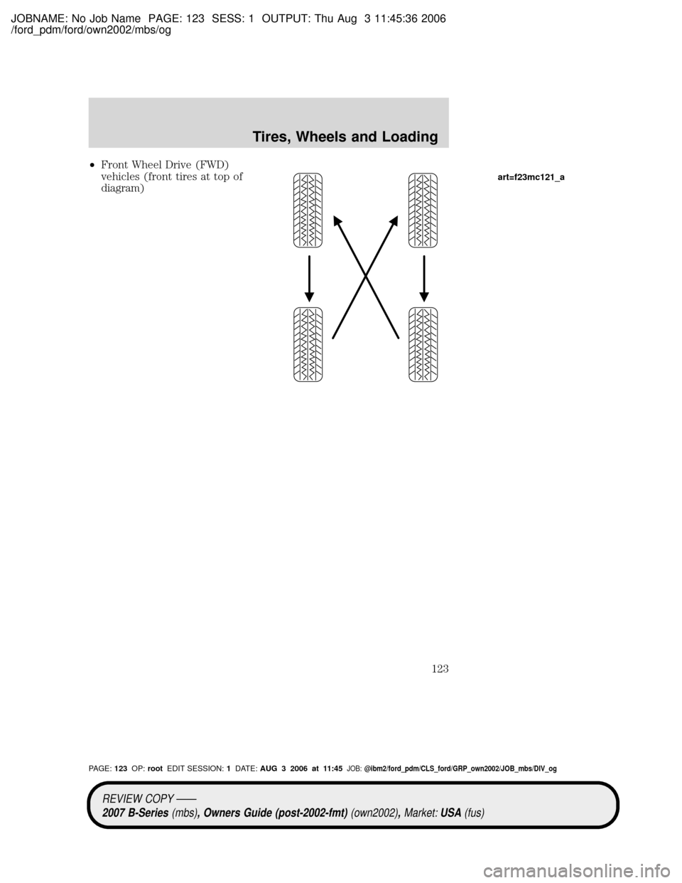 MAZDA MODEL B2300 TRUCK 2007  Owners Manual (in English) JOBNAME: No Job Name PAGE: 123 SESS: 1 OUTPUT: Thu Aug 3 11:45:36 2006
/ford_pdm/ford/own2002/mbs/og
²Front Wheel Drive (FWD)
vehicles (front tires at top of
diagram)
art=f23mc121_a
REVIEW COPY ÐÐ
