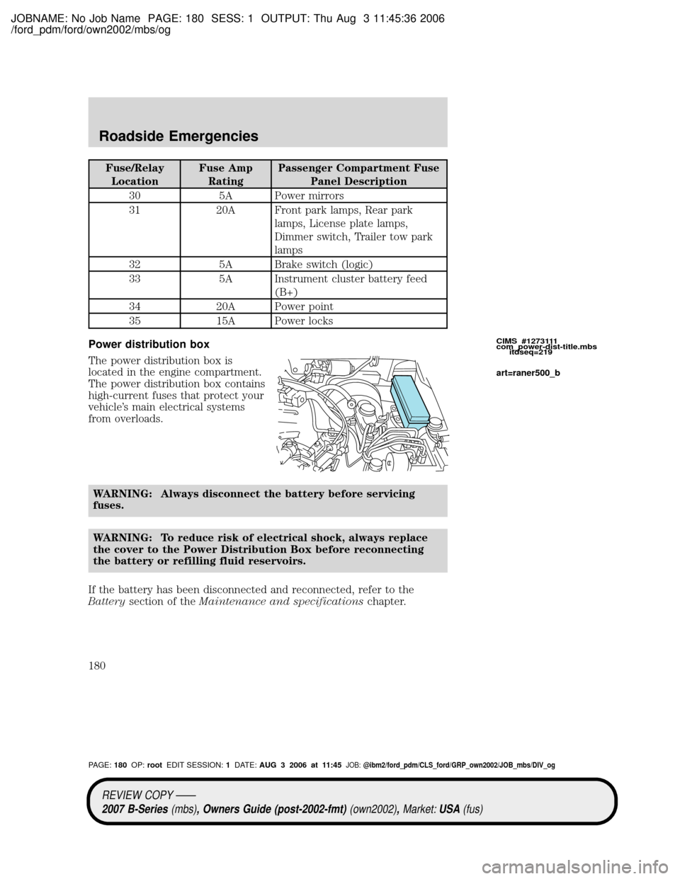 MAZDA MODEL B2300 TRUCK 2007 Owners Manual (in English) JOBNAME: No Job Name PAGE: 180 SESS: 1 OUTPUT: Thu Aug 3 11:45:36 2006
/ford_pdm/ford/own2002/mbs/og
Fuse/Relay
LocationFuse Amp
RatingPassenger Compartment Fuse
Panel Description
30 5A Power mirrors
MAZDA MODEL B2300 TRUCK 2007 Owners Manual (in English) JOBNAME: No Job Name PAGE: 180 SESS: 1 OUTPUT: Thu Aug 3 11:45:36 2006
/ford_pdm/ford/own2002/mbs/og
Fuse/Relay
LocationFuse Amp
RatingPassenger Compartment Fuse
Panel Description
30 5A Power mirrors