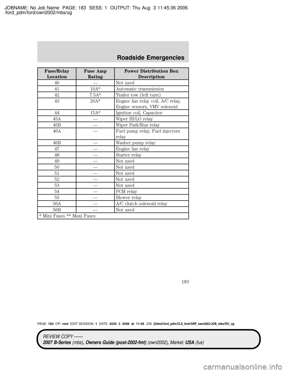 MAZDA MODEL B2300 TRUCK 2007 Owners Manual (in English) JOBNAME: No Job Name PAGE: 183 SESS: 1 OUTPUT: Thu Aug 3 11:45:36 2006
/ford_pdm/ford/own2002/mbs/og
Fuse/Relay
LocationFuse Amp
RatingPower Distribution Box
Description
40 Ð Not used
41 10A* Automat MAZDA MODEL B2300 TRUCK 2007 Owners Manual (in English) JOBNAME: No Job Name PAGE: 183 SESS: 1 OUTPUT: Thu Aug 3 11:45:36 2006
/ford_pdm/ford/own2002/mbs/og
Fuse/Relay
LocationFuse Amp
RatingPower Distribution Box
Description
40 Ð Not used
41 10A* Automat