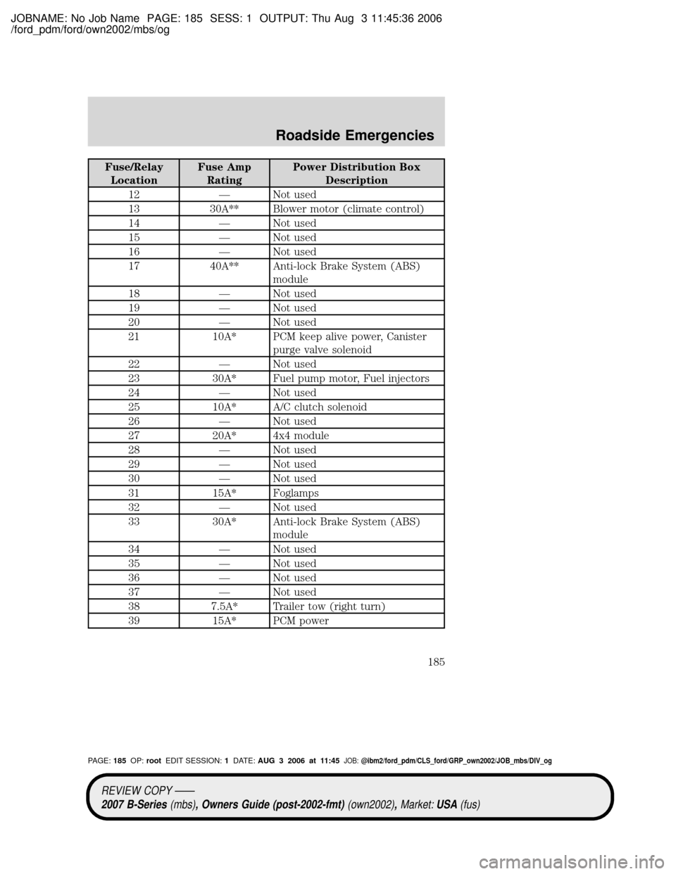 MAZDA MODEL B2300 TRUCK 2007 Owners Manual (in English) JOBNAME: No Job Name PAGE: 185 SESS: 1 OUTPUT: Thu Aug 3 11:45:36 2006
/ford_pdm/ford/own2002/mbs/og
Fuse/Relay
LocationFuse Amp
RatingPower Distribution Box
Description
12 Ð Not used
13 30A** Blower MAZDA MODEL B2300 TRUCK 2007 Owners Manual (in English) JOBNAME: No Job Name PAGE: 185 SESS: 1 OUTPUT: Thu Aug 3 11:45:36 2006
/ford_pdm/ford/own2002/mbs/og
Fuse/Relay
LocationFuse Amp
RatingPower Distribution Box
Description
12 Ð Not used
13 30A** Blower
