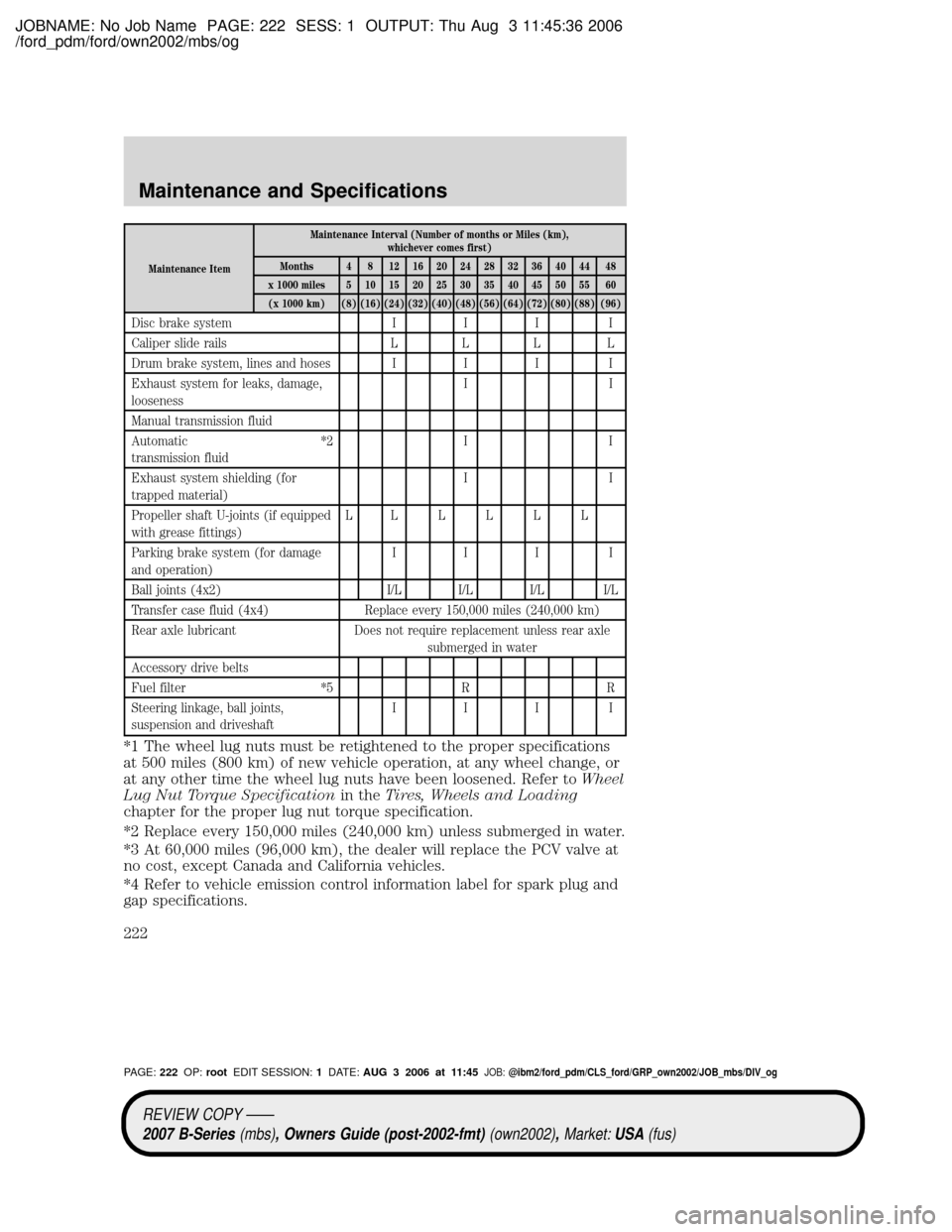 MAZDA MODEL B2300 TRUCK 2007 Owners Manual (in English) JOBNAME: No Job Name PAGE: 222 SESS: 1 OUTPUT: Thu Aug 3 11:45:36 2006
/ford_pdm/ford/own2002/mbs/og
Maintenance ItemMaintenance Interval (Number of months or Miles (km),
whichever comes first)
Months MAZDA MODEL B2300 TRUCK 2007 Owners Manual (in English) JOBNAME: No Job Name PAGE: 222 SESS: 1 OUTPUT: Thu Aug 3 11:45:36 2006
/ford_pdm/ford/own2002/mbs/og
Maintenance ItemMaintenance Interval (Number of months or Miles (km),
whichever comes first)
Months