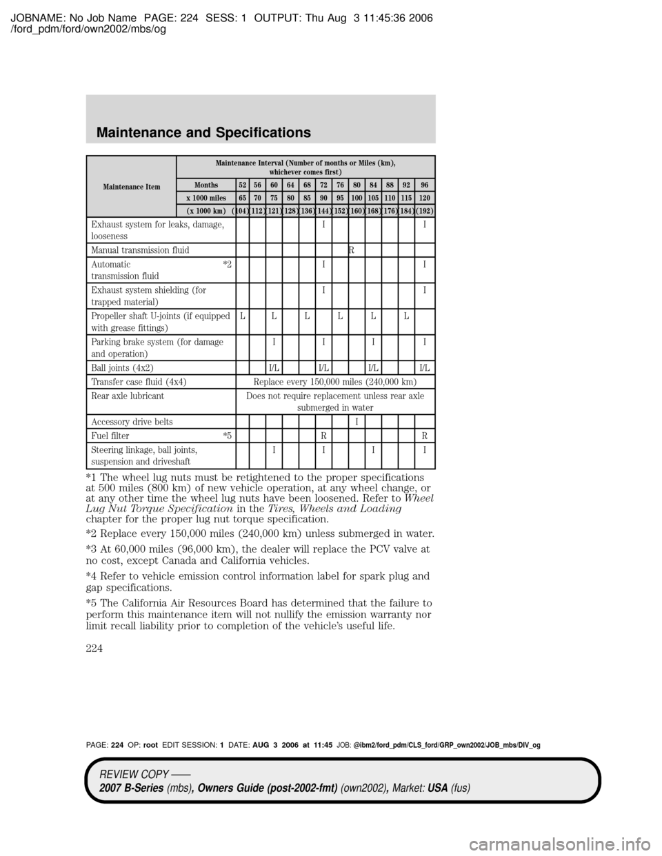 MAZDA MODEL B2300 TRUCK 2007 Owners Manual (in English) JOBNAME: No Job Name PAGE: 224 SESS: 1 OUTPUT: Thu Aug 3 11:45:36 2006
/ford_pdm/ford/own2002/mbs/og
Maintenance ItemMaintenance Interval (Number of months or Miles (km),
whichever comes first)
Months MAZDA MODEL B2300 TRUCK 2007 Owners Manual (in English) JOBNAME: No Job Name PAGE: 224 SESS: 1 OUTPUT: Thu Aug 3 11:45:36 2006
/ford_pdm/ford/own2002/mbs/og
Maintenance ItemMaintenance Interval (Number of months or Miles (km),
whichever comes first)
Months
