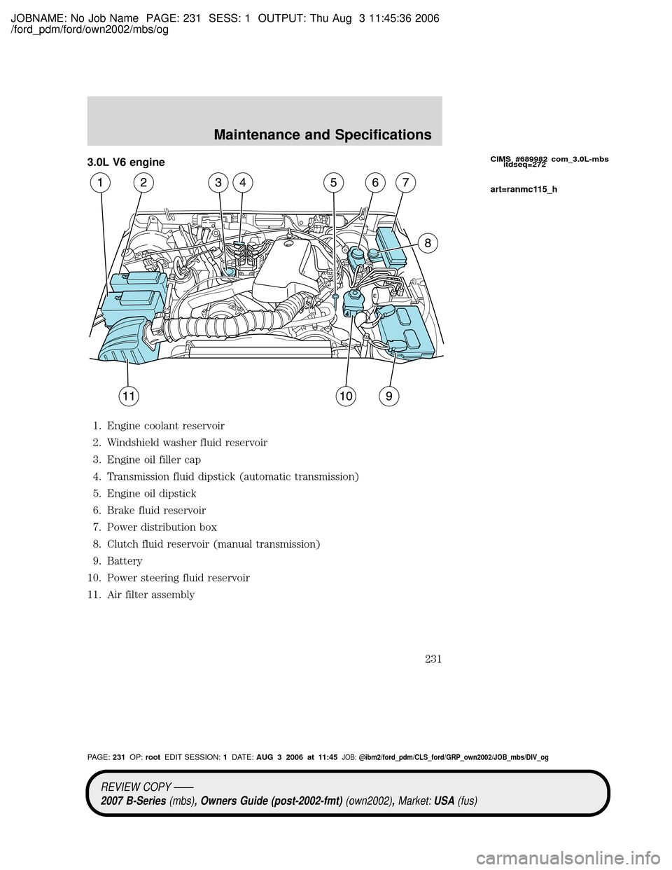 MAZDA MODEL B2300 TRUCK 2007 Owners Manual (in English) JOBNAME: No Job Name PAGE: 231 SESS: 1 OUTPUT: Thu Aug 3 11:45:36 2006
/ford_pdm/ford/own2002/mbs/og
3.0L V6 engine
1. Engine coolant reservoir
2. Windshield washer fluid reservoir
3. Engine oil fille MAZDA MODEL B2300 TRUCK 2007 Owners Manual (in English) JOBNAME: No Job Name PAGE: 231 SESS: 1 OUTPUT: Thu Aug 3 11:45:36 2006
/ford_pdm/ford/own2002/mbs/og
3.0L V6 engine
1. Engine coolant reservoir
2. Windshield washer fluid reservoir
3. Engine oil fille