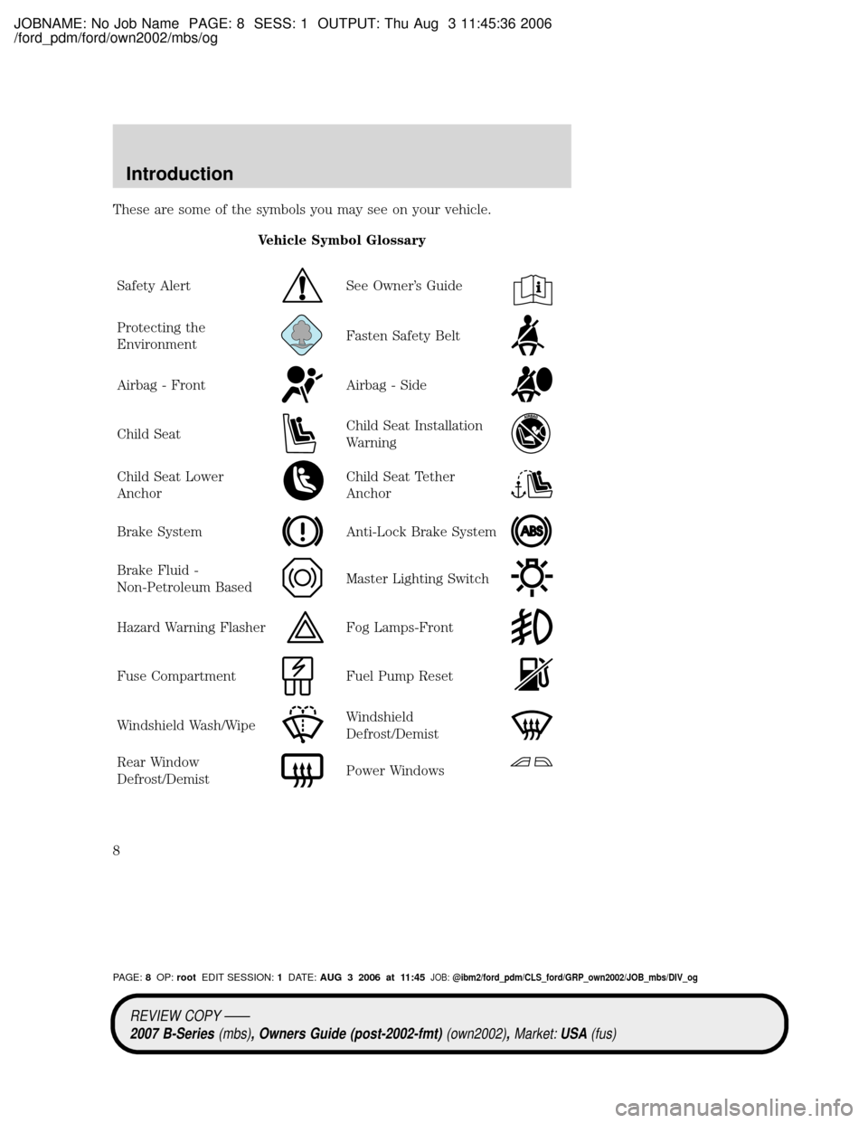 MAZDA MODEL B2300 TRUCK 2007  Owners Manual (in English) JOBNAME: No Job Name PAGE: 8 SESS: 1 OUTPUT: Thu Aug 3 11:45:36 2006
/ford_pdm/ford/own2002/mbs/og
These are some of the symbols you may see on your vehicle.
Vehicle Symbol Glossary
Safety Alert
See O