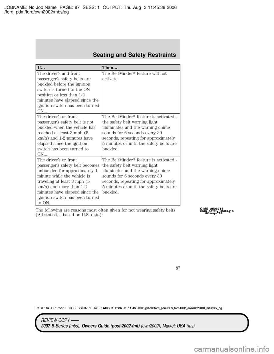 MAZDA MODEL B2300 TRUCK 2007   (in English) Manual Online JOBNAME: No Job Name PAGE: 87 SESS: 1 OUTPUT: Thu Aug 3 11:45:36 2006
/ford_pdm/ford/own2002/mbs/og
If... Then...
The drivers and front
passengers safety belts are
buckled before the ignition
switch
