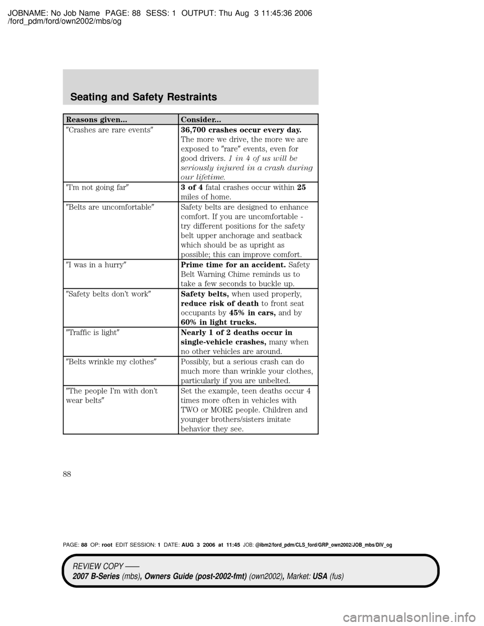MAZDA MODEL B2300 TRUCK 2007   (in English) Manual Online JOBNAME: No Job Name PAGE: 88 SESS: 1 OUTPUT: Thu Aug 3 11:45:36 2006
/ford_pdm/ford/own2002/mbs/og
Reasons given... Consider...
9Crashes are rare events936,700 crashes occur every day.
The more we dr
