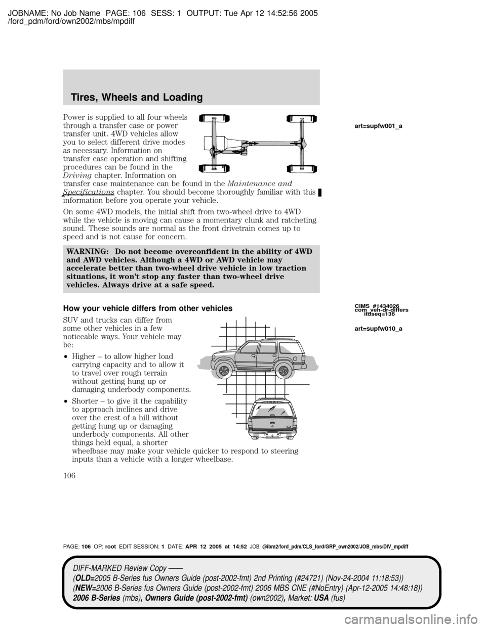 MAZDA MODEL B2300 TRUCK 2006 Owners Manual (in English) JOBNAME: No Job Name PAGE: 106 SESS: 1 OUTPUT: Tue Apr 12 14:52:56 2005
/ford_pdm/ford/own2002/mbs/mpdiff
Power is supplied to all four wheels
through a transfer case or power
transfer unit. 4WD vehic MAZDA MODEL B2300 TRUCK 2006 Owners Manual (in English) JOBNAME: No Job Name PAGE: 106 SESS: 1 OUTPUT: Tue Apr 12 14:52:56 2005
/ford_pdm/ford/own2002/mbs/mpdiff
Power is supplied to all four wheels
through a transfer case or power
transfer unit. 4WD vehic
