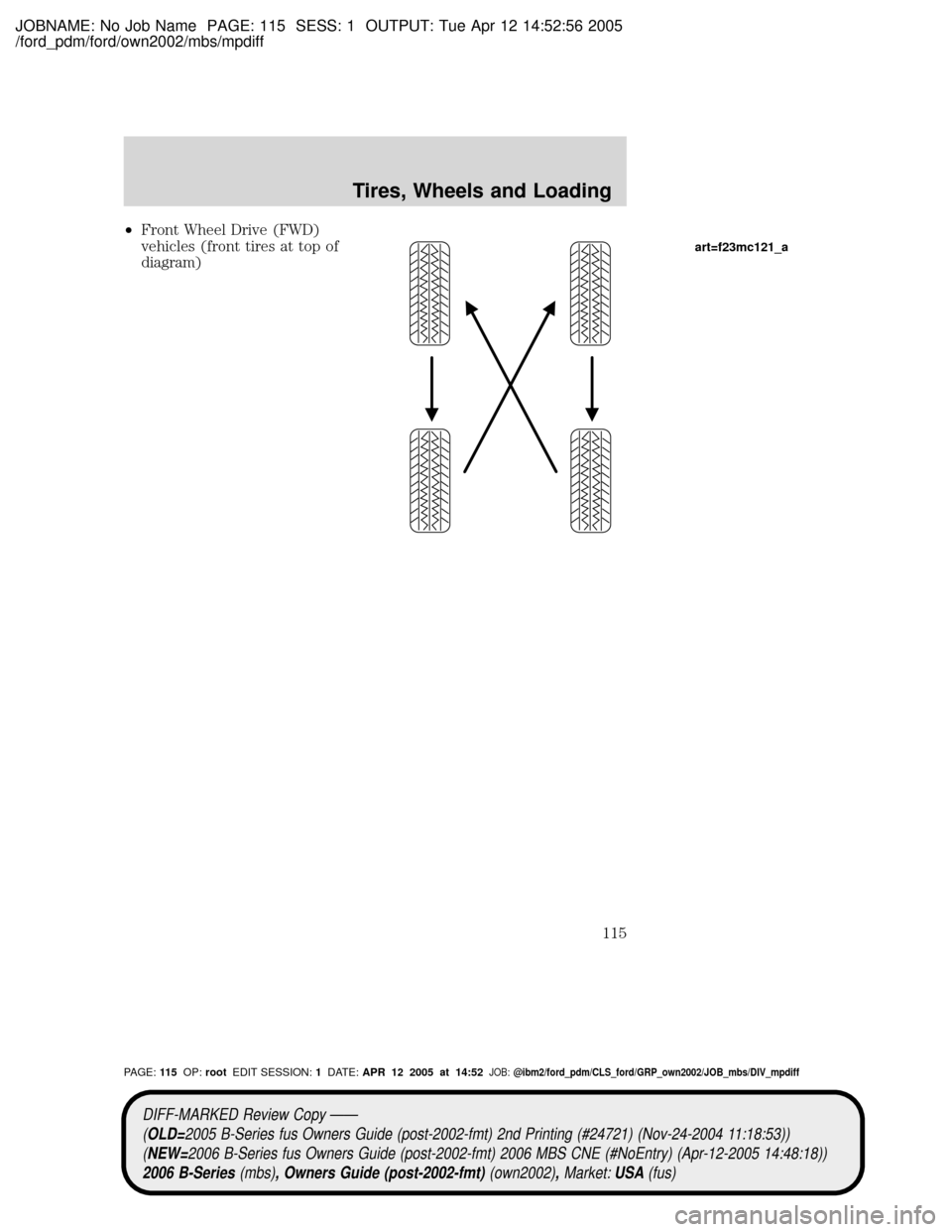MAZDA MODEL B2300 TRUCK 2006 Owners Manual (in English) JOBNAME: No Job Name PAGE: 115 SESS: 1 OUTPUT: Tue Apr 12 14:52:56 2005
/ford_pdm/ford/own2002/mbs/mpdiff
²Front Wheel Drive (FWD)
vehicles (front tires at top of
diagram)
art=f23mc121_a
DIFF-MARKED MAZDA MODEL B2300 TRUCK 2006 Owners Manual (in English) JOBNAME: No Job Name PAGE: 115 SESS: 1 OUTPUT: Tue Apr 12 14:52:56 2005
/ford_pdm/ford/own2002/mbs/mpdiff
²Front Wheel Drive (FWD)
vehicles (front tires at top of
diagram)
art=f23mc121_a
DIFF-MARKED