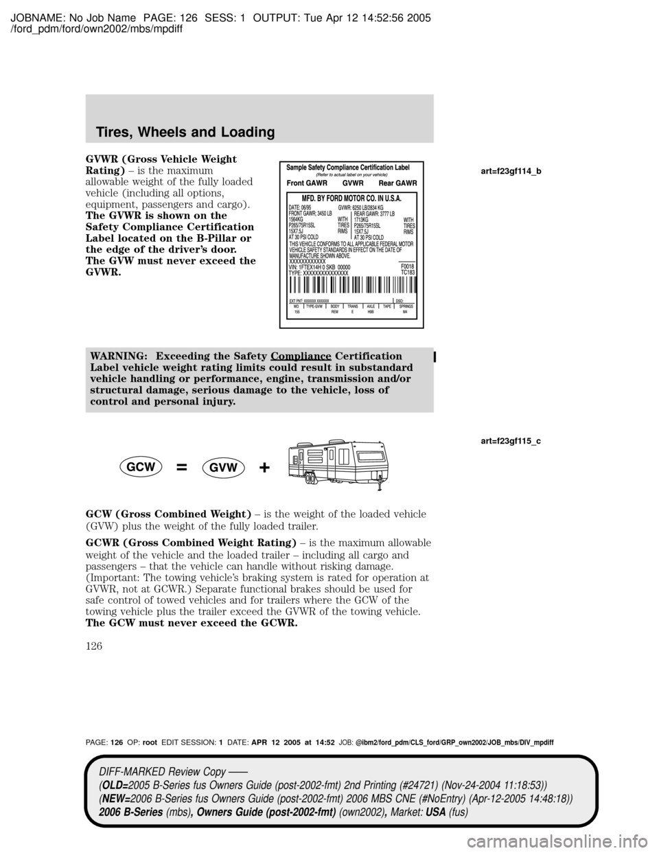 MAZDA MODEL B2300 TRUCK 2006  Owners Manual (in English) JOBNAME: No Job Name PAGE: 126 SESS: 1 OUTPUT: Tue Apr 12 14:52:56 2005
/ford_pdm/ford/own2002/mbs/mpdiff
GVWR (Gross Vehicle Weight
Rating)± is the maximum
allowable weight of the fully loaded
vehic