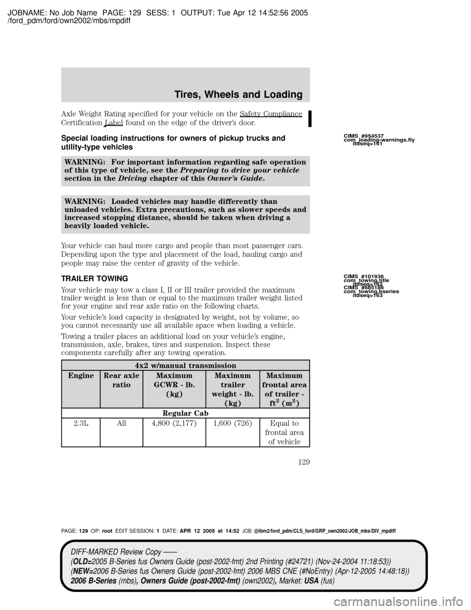 MAZDA MODEL B2300 TRUCK 2006  Owners Manual (in English) JOBNAME: No Job Name PAGE: 129 SESS: 1 OUTPUT: Tue Apr 12 14:52:56 2005
/ford_pdm/ford/own2002/mbs/mpdiff
Axle Weight Rating specified for your vehicle on the Safety Compliance
CertificationLabel foun