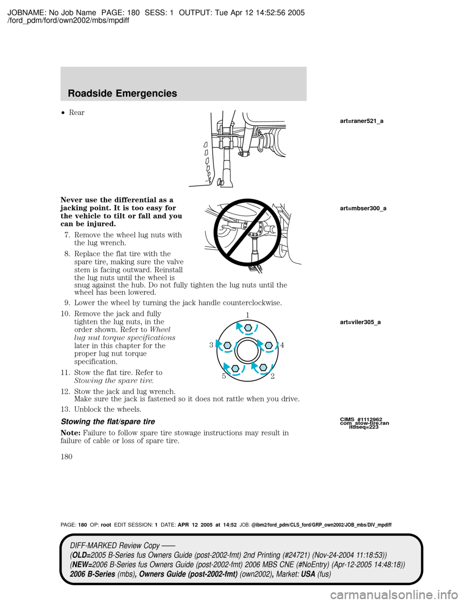 MAZDA MODEL B2300 TRUCK 2006  Owners Manual (in English) JOBNAME: No Job Name PAGE: 180 SESS: 1 OUTPUT: Tue Apr 12 14:52:56 2005
/ford_pdm/ford/own2002/mbs/mpdiff
²Rear
Never use the differential as a
jacking point. It is too easy for
the vehicle to tilt o