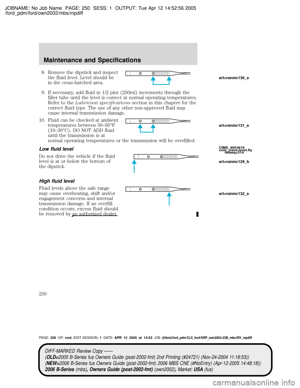 MAZDA MODEL B2300 TRUCK 2006 Owners Manual (in English) JOBNAME: No Job Name PAGE: 250 SESS: 1 OUTPUT: Tue Apr 12 14:52:56 2005
/ford_pdm/ford/own2002/mbs/mpdiff
8. Remove the dipstick and inspect
the fluid level. Level should be
in the cross-hatched area. MAZDA MODEL B2300 TRUCK 2006 Owners Manual (in English) JOBNAME: No Job Name PAGE: 250 SESS: 1 OUTPUT: Tue Apr 12 14:52:56 2005
/ford_pdm/ford/own2002/mbs/mpdiff
8. Remove the dipstick and inspect
the fluid level. Level should be
in the cross-hatched area.