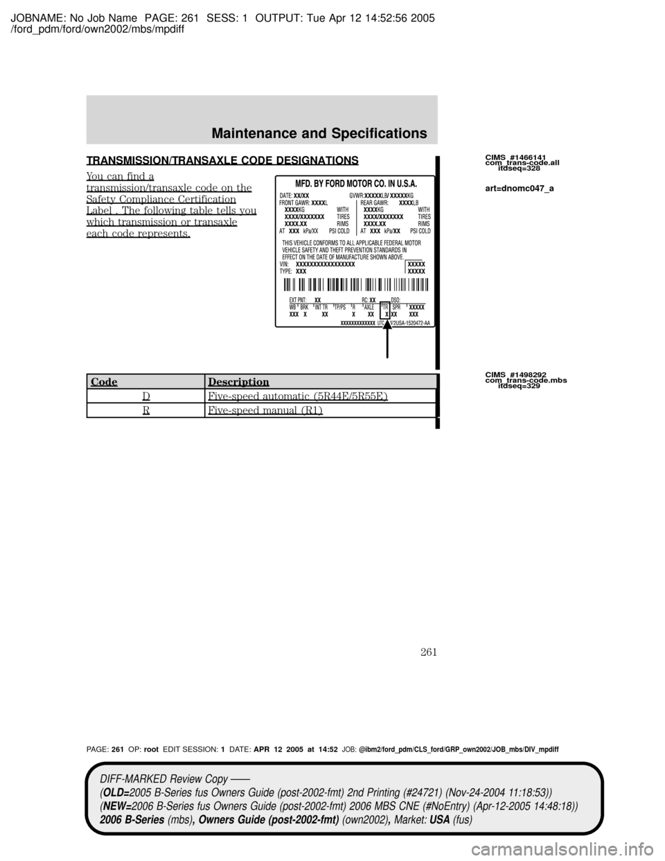 MAZDA MODEL B2300 TRUCK 2006  Owners Manual (in English) JOBNAME: No Job Name PAGE: 261 SESS: 1 OUTPUT: Tue Apr 12 14:52:56 2005
/ford_pdm/ford/own2002/mbs/mpdiff
TRANSMISSION/TRANSAXLE CODE DESIGNATIONS
You can find a
transmission/transaxle code on the
Saf