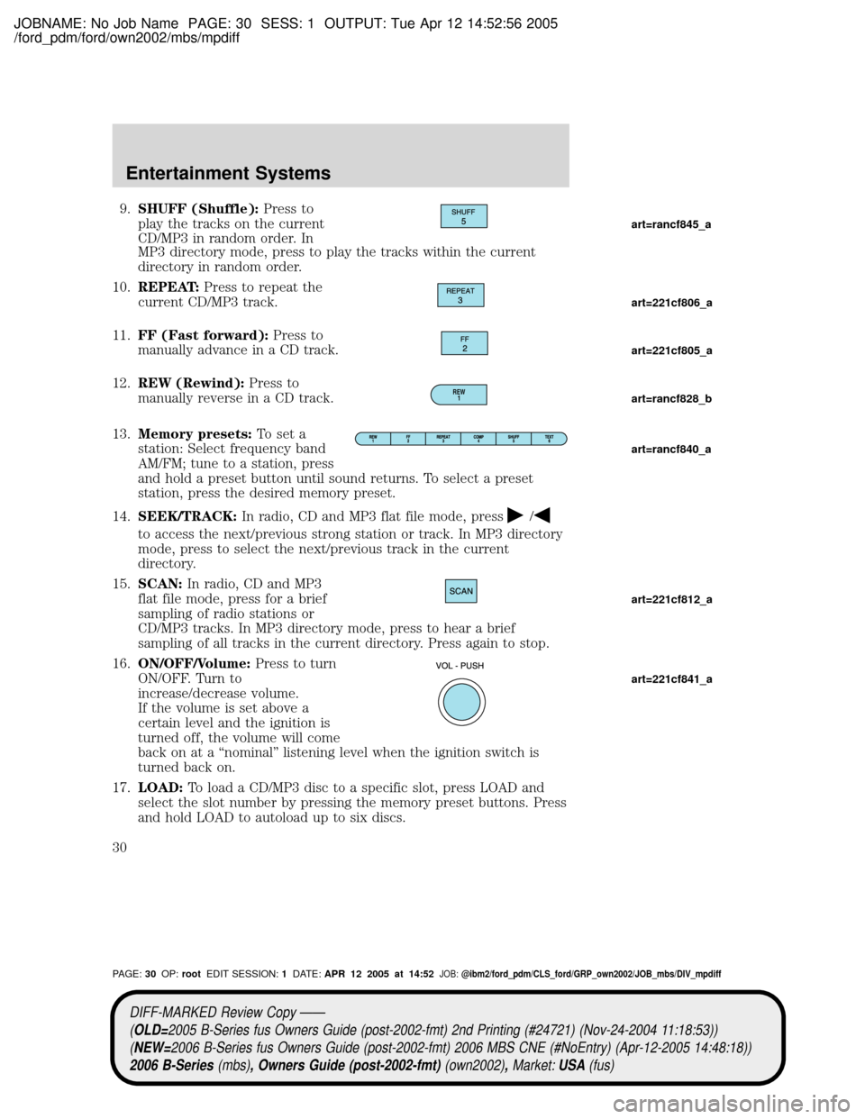 MAZDA MODEL B2300 TRUCK 2006 (in English) Owners Manual JOBNAME: No Job Name PAGE: 30 SESS: 1 OUTPUT: Tue Apr 12 14:52:56 2005
/ford_pdm/ford/own2002/mbs/mpdiff
9.SHUFF (Shuffle):Press to
play the tracks on the current
CD/MP3 in random order. In
MP3 direct MAZDA MODEL B2300 TRUCK 2006 (in English) Owners Manual JOBNAME: No Job Name PAGE: 30 SESS: 1 OUTPUT: Tue Apr 12 14:52:56 2005
/ford_pdm/ford/own2002/mbs/mpdiff
9.SHUFF (Shuffle):Press to
play the tracks on the current
CD/MP3 in random order. In
MP3 direct