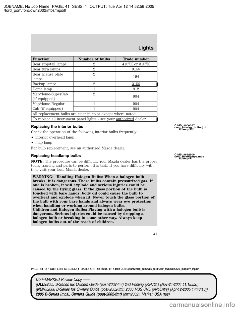 MAZDA MODEL B2300 TRUCK 2006 Owners Manual (in English) JOBNAME: No Job Name PAGE: 41 SESS: 1 OUTPUT: Tue Apr 12 14:52:56 2005
/ford_pdm/ford/own2002/mbs/mpdiff
Function Number of bulbs Trade number
Rear stop/tail lamps 2 4157K or 3157K
Rear turn lamps 2 3 MAZDA MODEL B2300 TRUCK 2006 Owners Manual (in English) JOBNAME: No Job Name PAGE: 41 SESS: 1 OUTPUT: Tue Apr 12 14:52:56 2005
/ford_pdm/ford/own2002/mbs/mpdiff
Function Number of bulbs Trade number
Rear stop/tail lamps 2 4157K or 3157K
Rear turn lamps 2 3