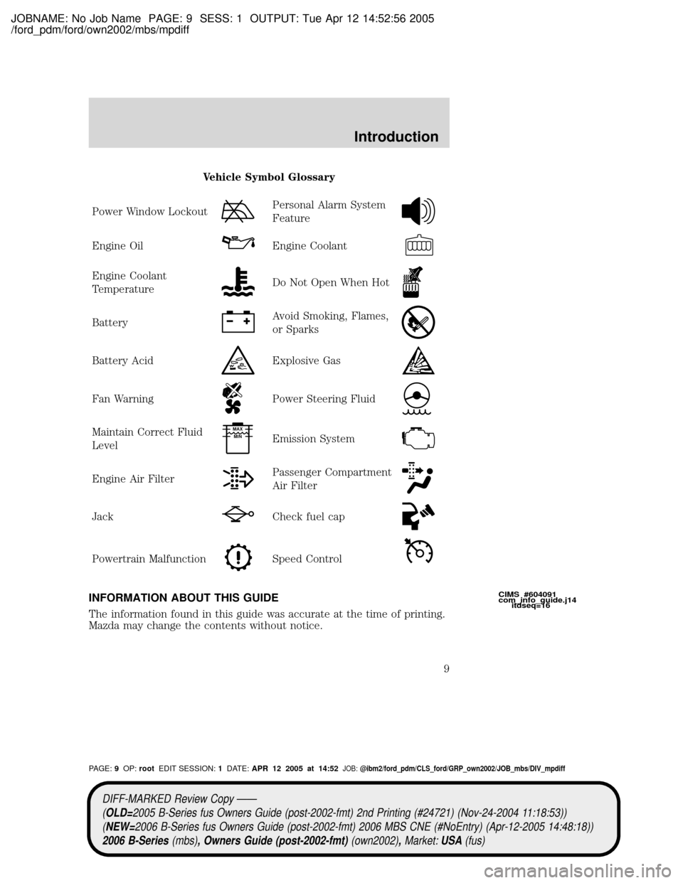 MAZDA MODEL B2300 TRUCK 2006 Owners Manual (in English) JOBNAME: No Job Name PAGE: 9 SESS: 1 OUTPUT: Tue Apr 12 14:52:56 2005
/ford_pdm/ford/own2002/mbs/mpdiff
Vehicle Symbol Glossary
Power Window Lockout
Personal Alarm System
Feature
Engine OilEngine Cool MAZDA MODEL B2300 TRUCK 2006 Owners Manual (in English) JOBNAME: No Job Name PAGE: 9 SESS: 1 OUTPUT: Tue Apr 12 14:52:56 2005
/ford_pdm/ford/own2002/mbs/mpdiff
Vehicle Symbol Glossary
Power Window Lockout
Personal Alarm System
Feature
Engine OilEngine Cool